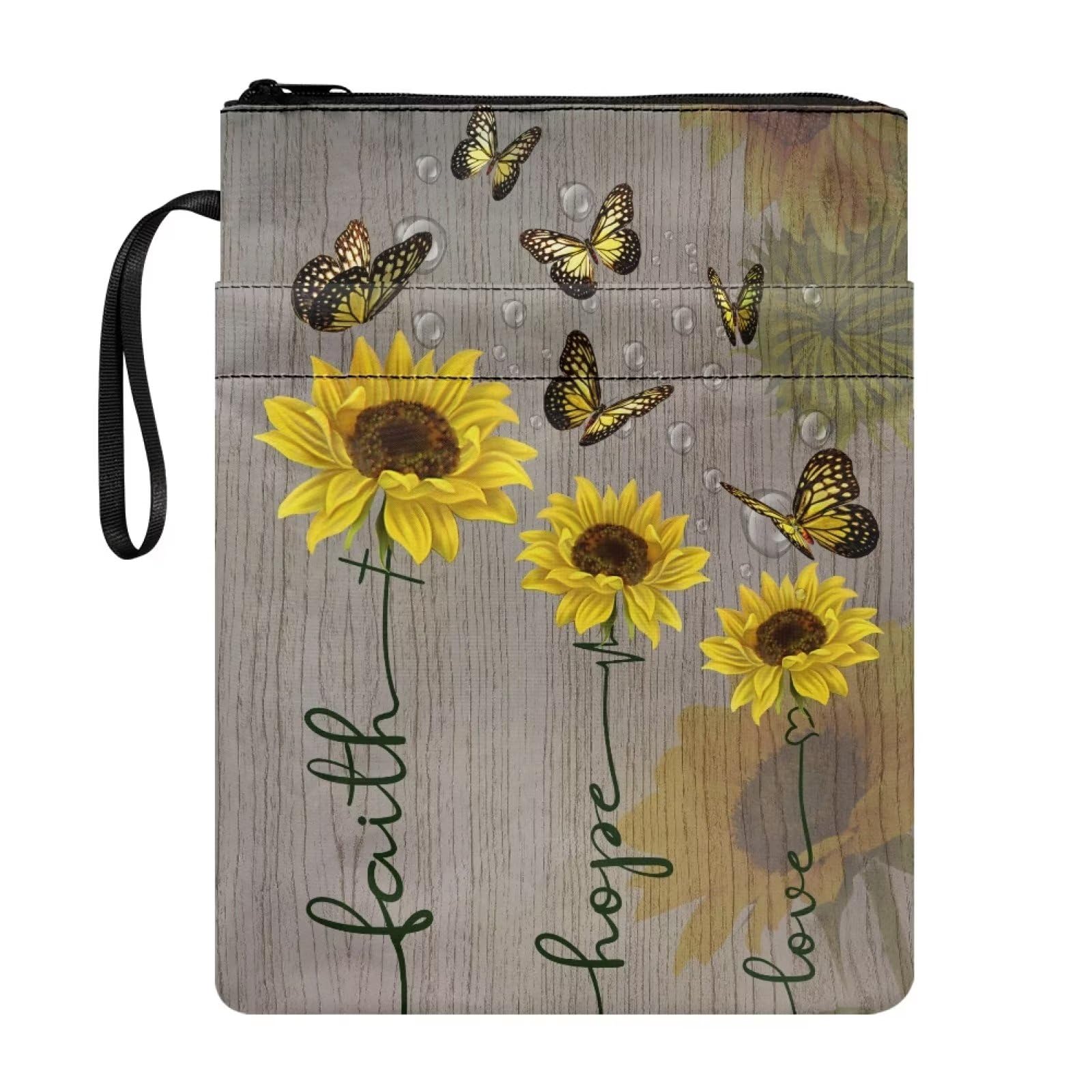 ZIATUBLES Sunflower Butterfly Print Book Sleeves with Zipper, Travel Book Protector Pouch for Paperbacks & Hardcover Books