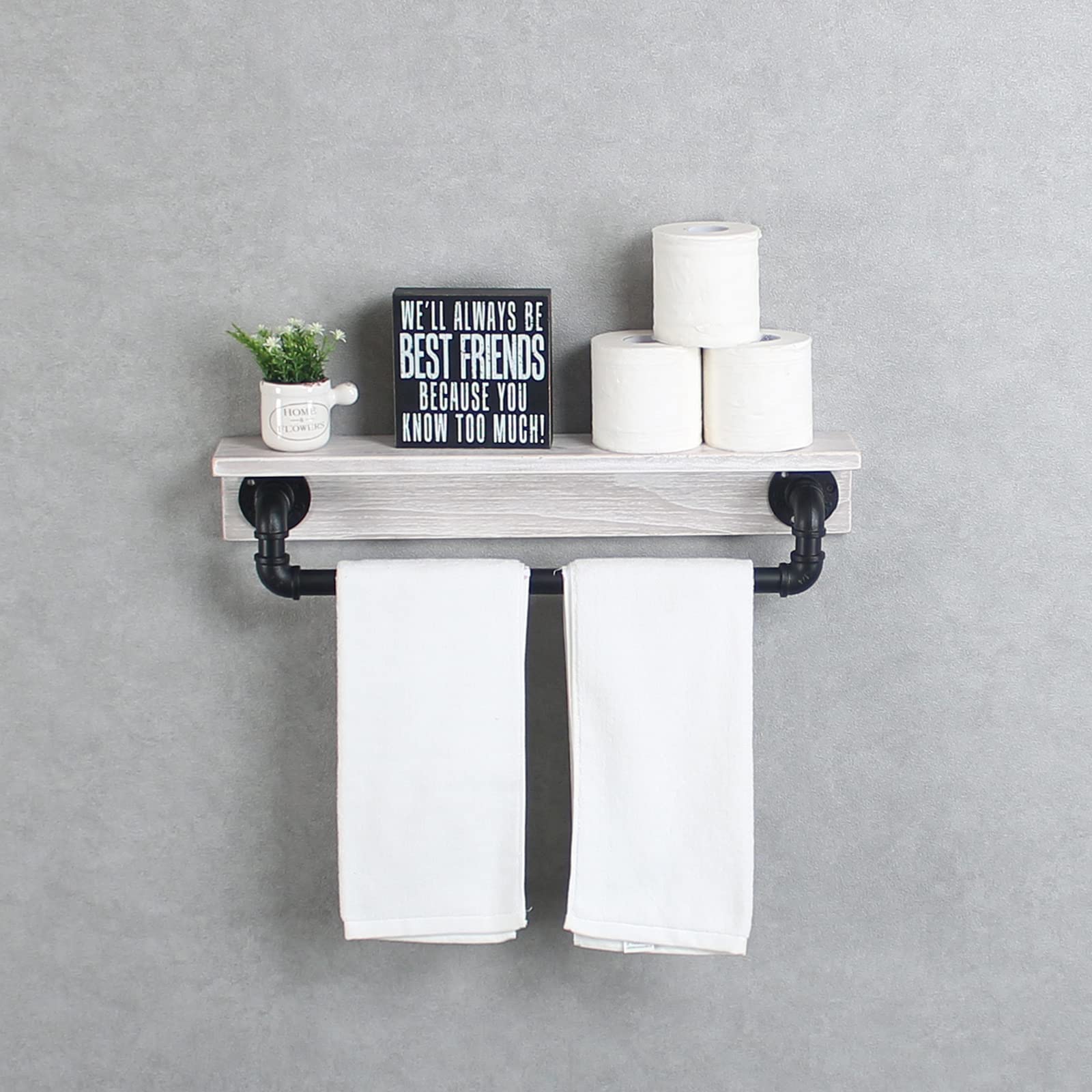 MBQQ Industrial Pipe Shelf,Rustic Wall Shelf with Towel Bar,24" Farmhouse Towel Racks for Bathroom,Floating Shelves Wall Mounted Home Decor Wooden