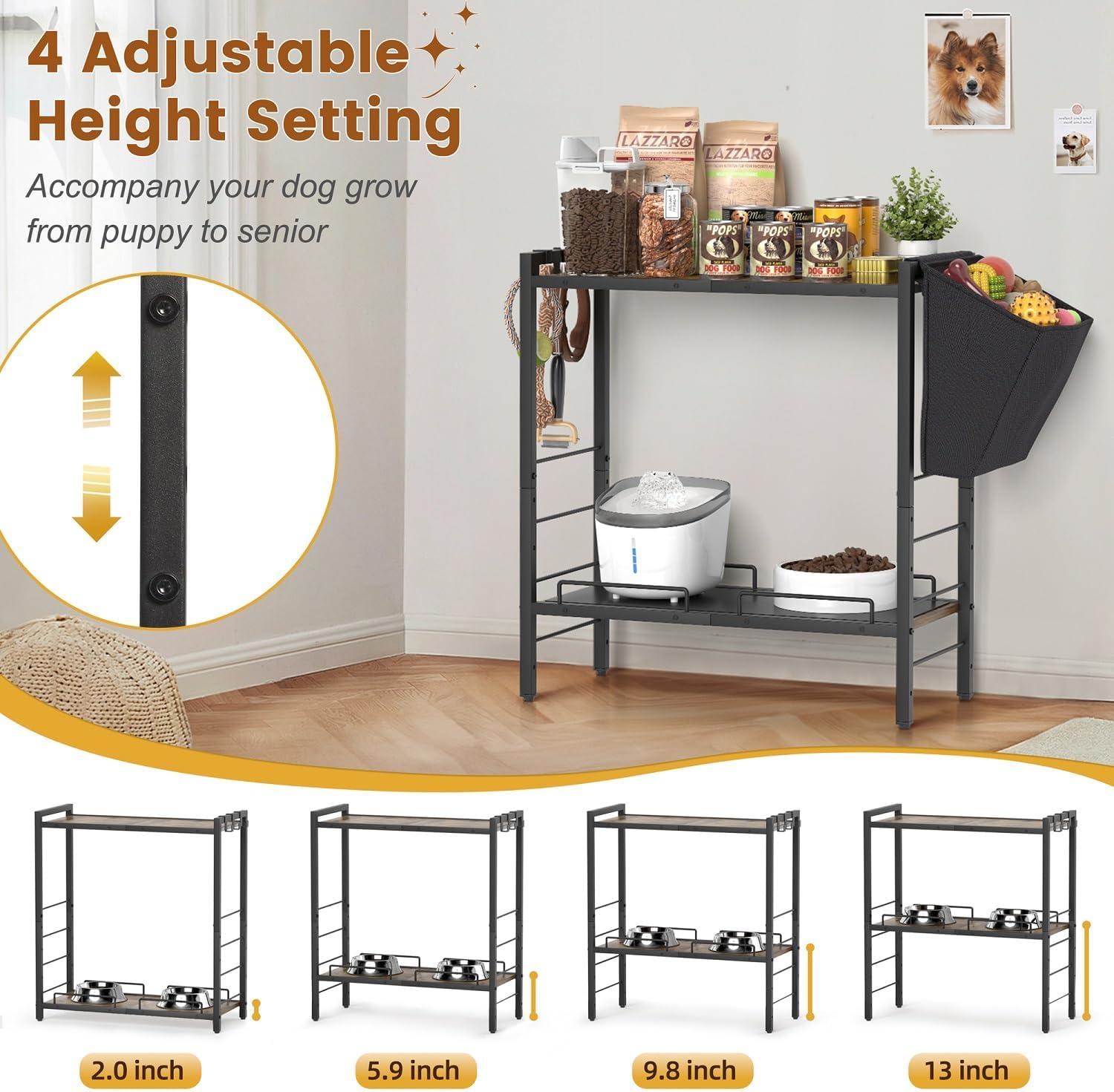 Elevated Dog Feeding Station, 23"D x11"W Large Raised Bowl Stand with Toy Basket Bin, 4 Height Adjustable Food Bowl Holder Cabinet Pet Storage Organizer for Medium Small Dogs Cats