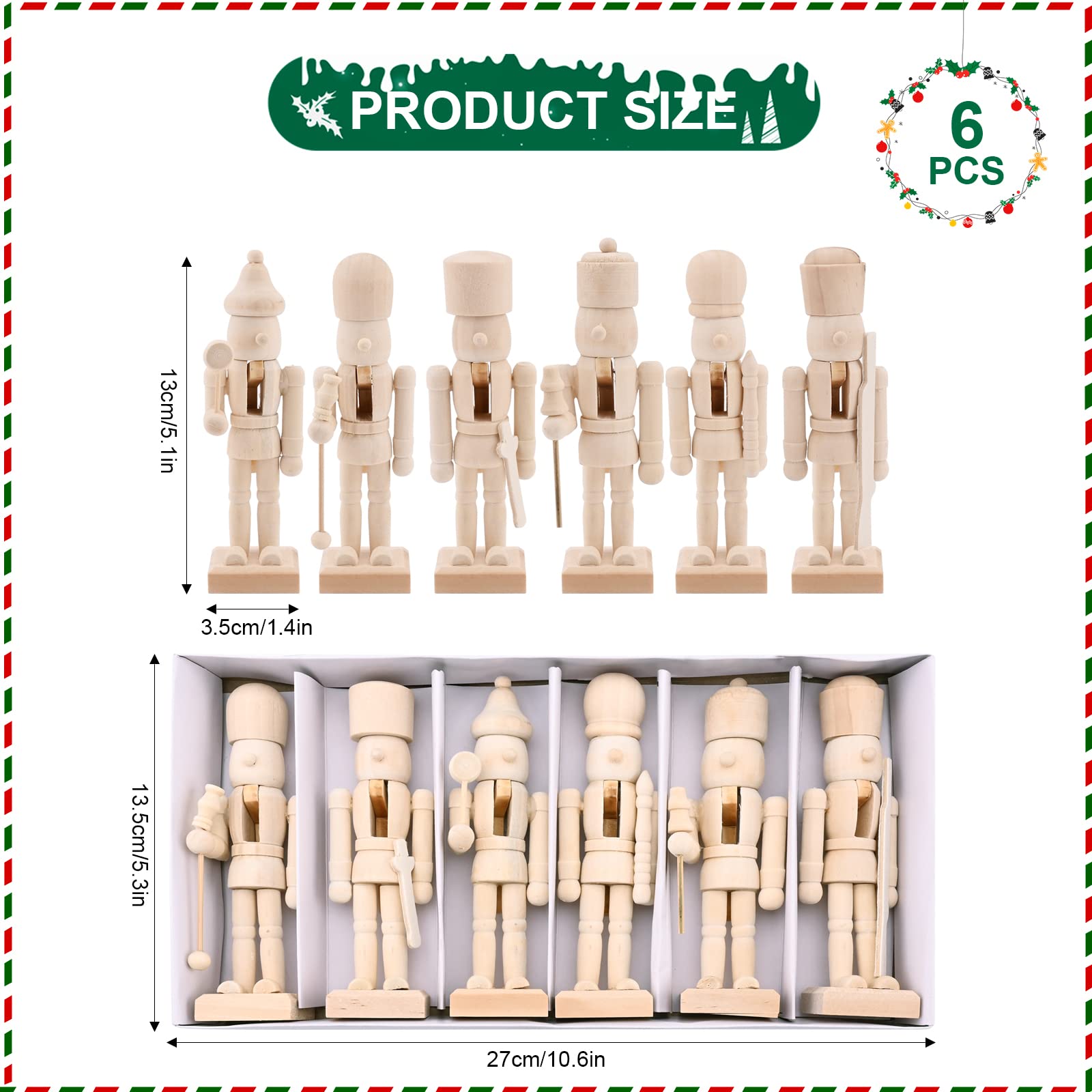 6 Stücke Weihnachten Nussknacker Soldat aus Holz Weihnachten Unbemalte Rohling Nussbaumsoldat Unfertige Figuren Ornamente Puppe mit Farbe Pinsel für Christbaumschmuck DIY Basteln Bemalen Geschenk,13cm