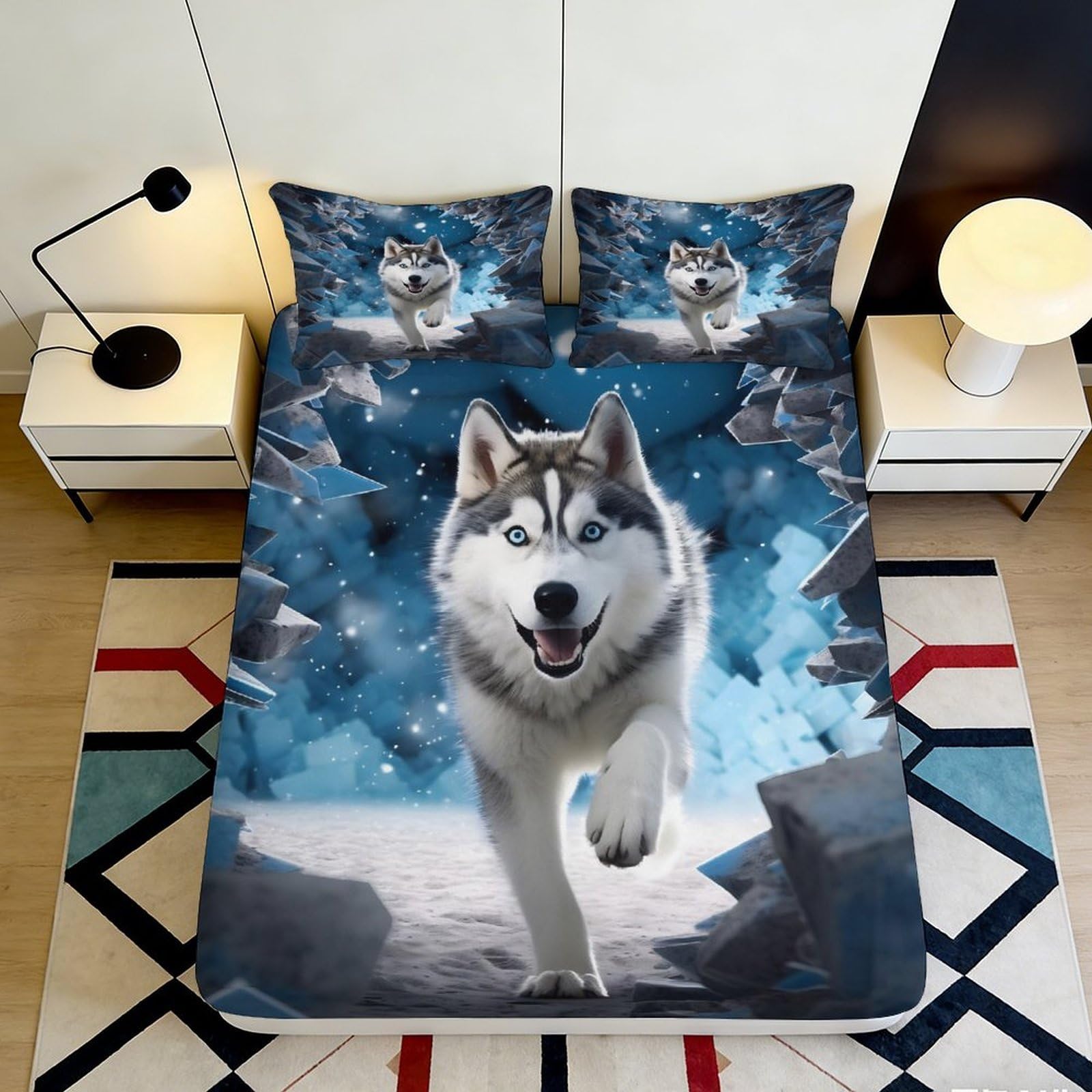 3D Printed Husky Design Fitted Sheet Microfiber Elastic Hem Deep Pocket Husky Mattress Fitted Cover Washable for Bedroom 200x200x25cm