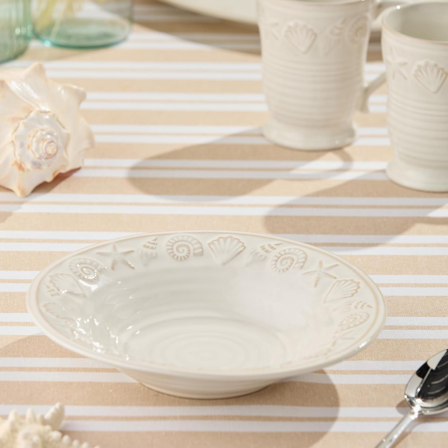 Coastline Cream Stoneware DEEP SERVING BOWL 11 x 3.5 Inches, embossed coastal shell and starfish bowl with glossy glaze, durable beach house serveware for salads, pasta and relaxed coastal dining