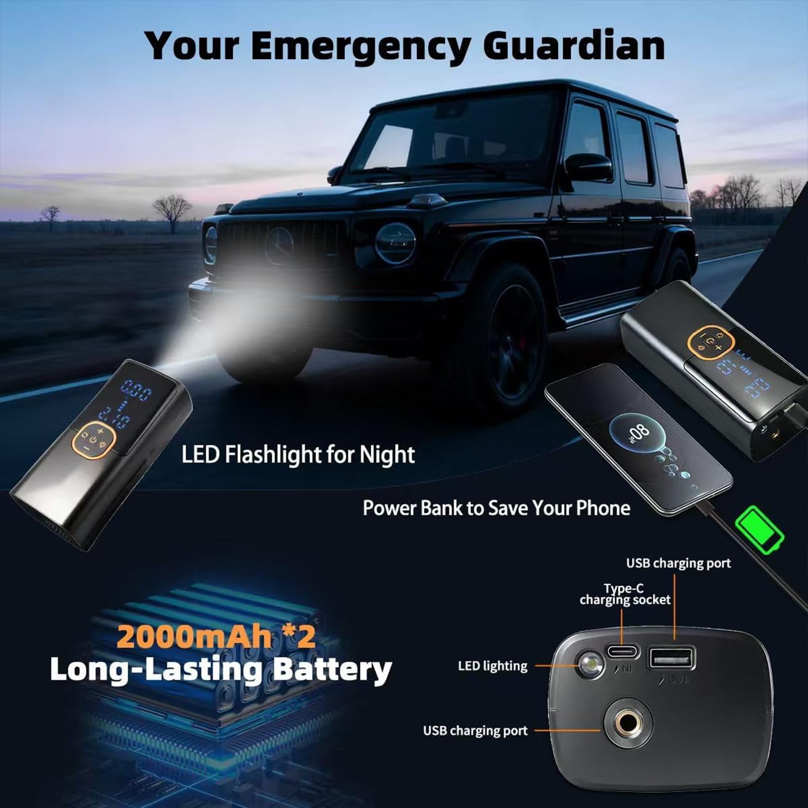 Compressore d'aria portatile, 150 psi, senza fili, con manometro digitale, luce LED, arresto automatico, mini compressore d'aria per pneumatici auto, moto, bici, palloni, gonfiabili