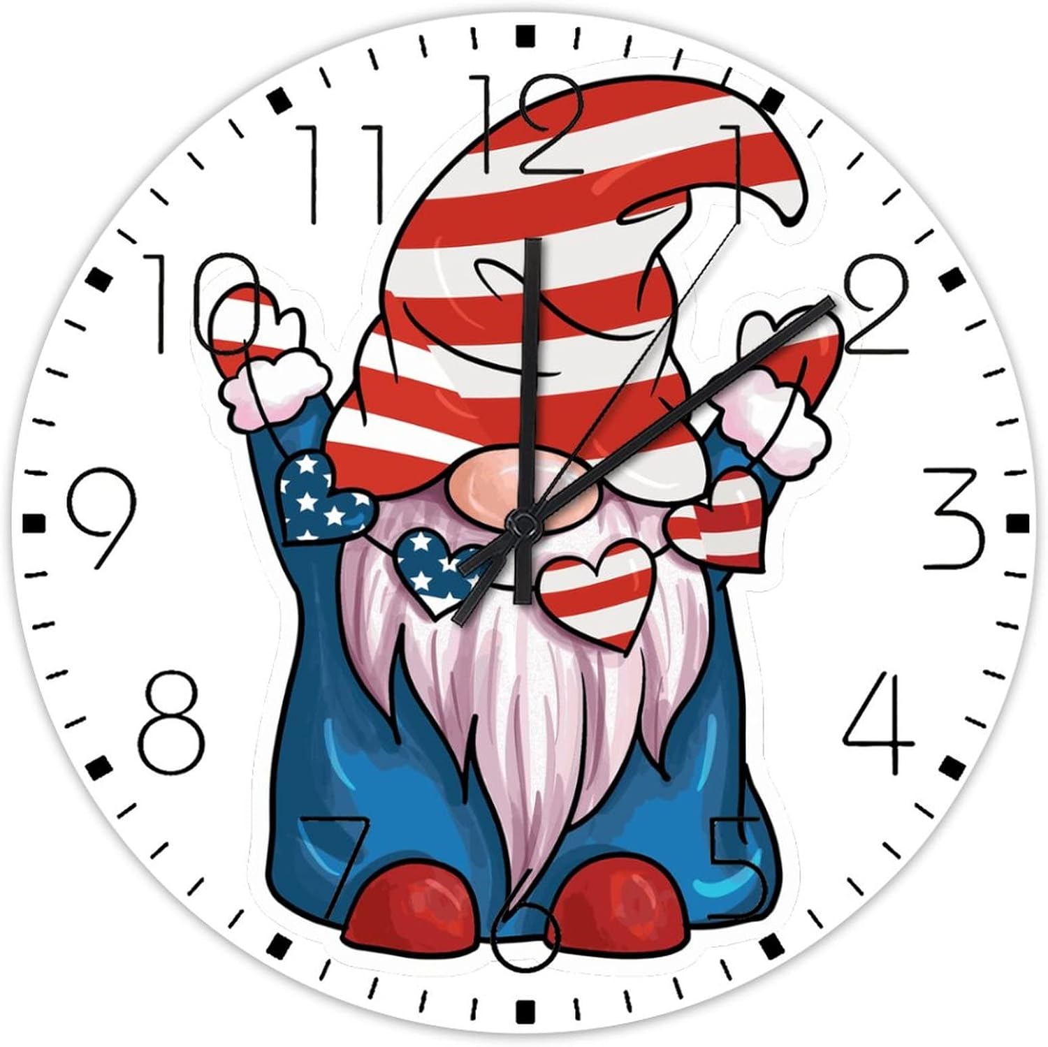15 Inch Silent Wall Clock 4th of July Gnomes with Heart Decorations Home Decor for Kitchen Rustic Patriotic Wall Clocks Round Wooden Wall Clock Vintage for Gym Study Room