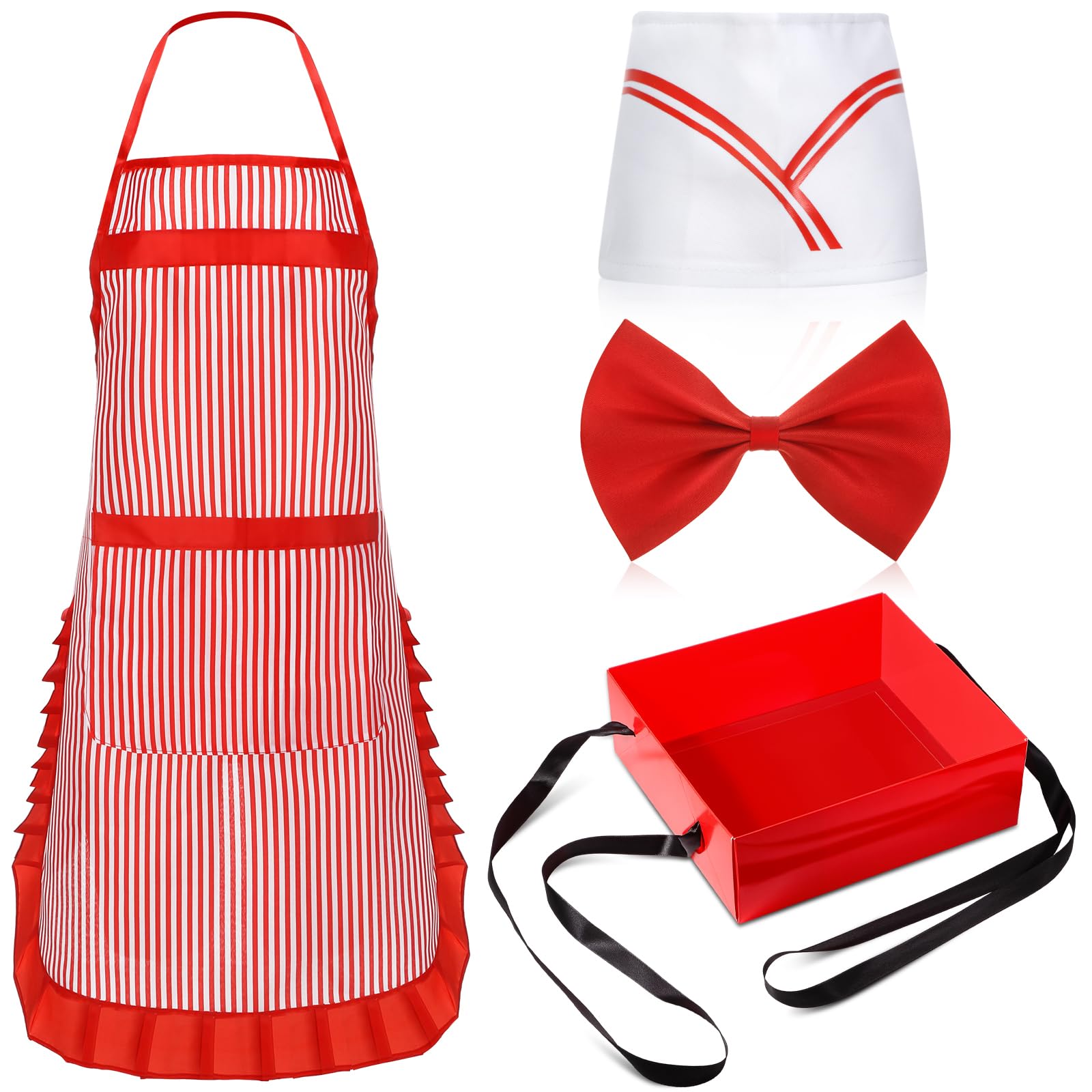 4 Pcs Mardi Gras Soda Jerk Costume Outfit Adult Waiter Popcorn Costume 1950s Red and White Strip Apron