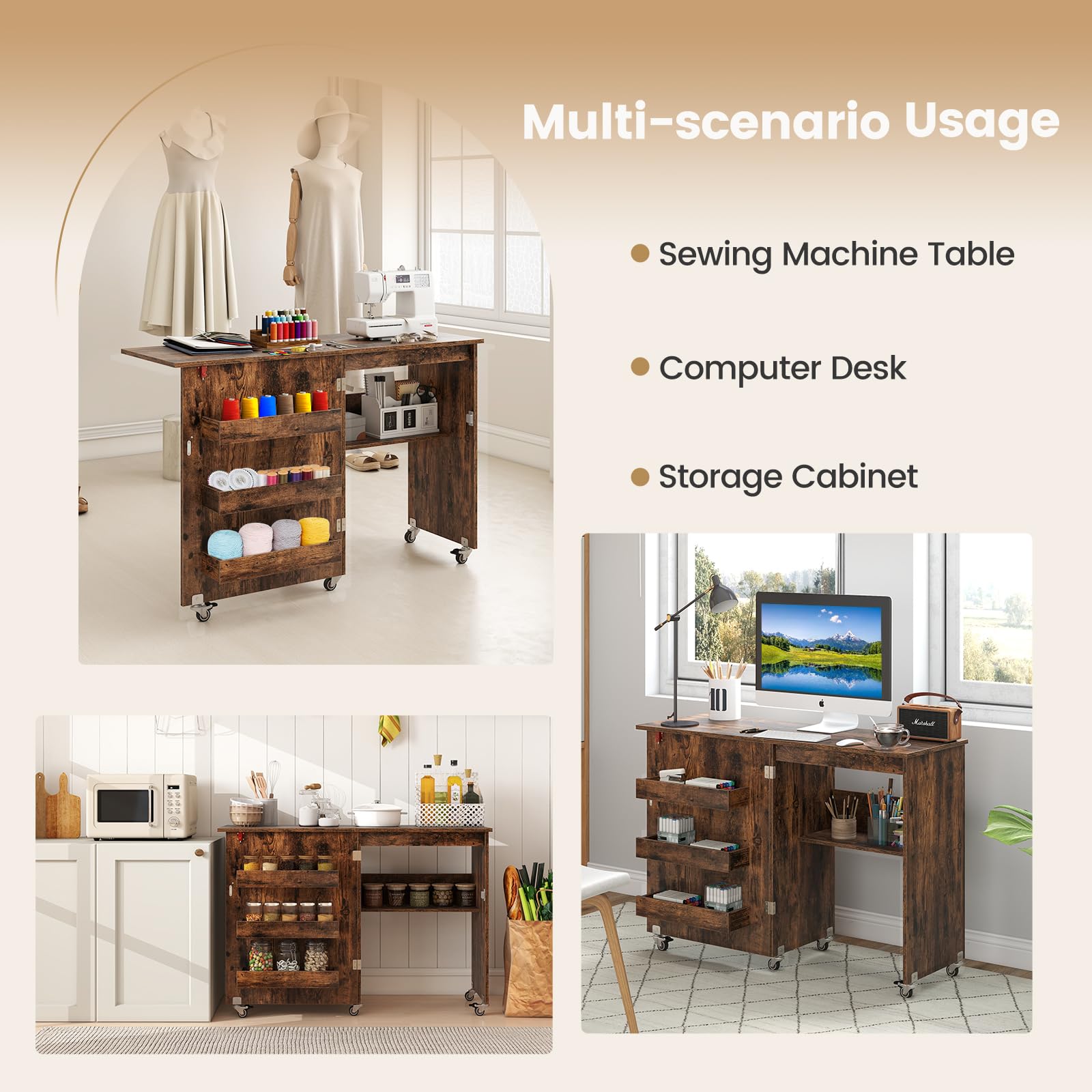 LIFEZEAL Nähmaschinenschrank klappbar, Nähschrank 2 in 1, Schreibtisch Holz mit Haken, Ablage & Rollen, Mobiler Nähtisch Nähmöbel für Zuhause & Büro (Braun, 117 x 40 x 77cm)