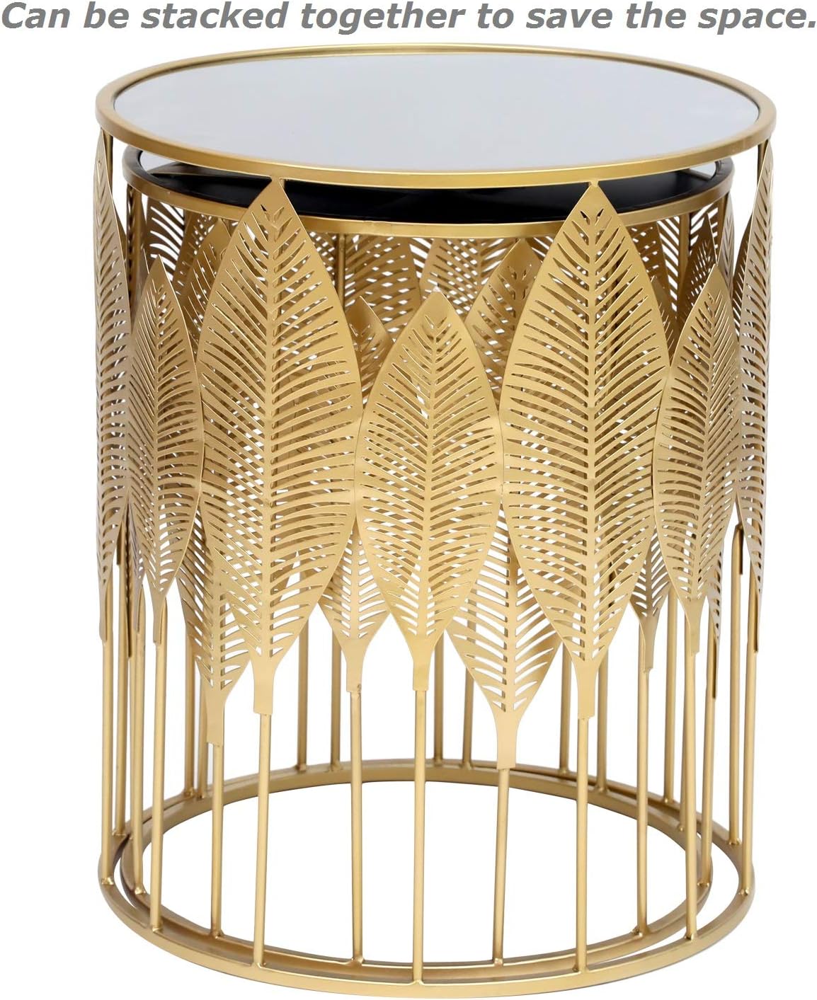 Joveco Gold Nesting Round Side End Tables Set of 2- Coffee Tea Table Mid Century Night Stands for Living Room Bedroom Outdoor (Gold Leaves Style)