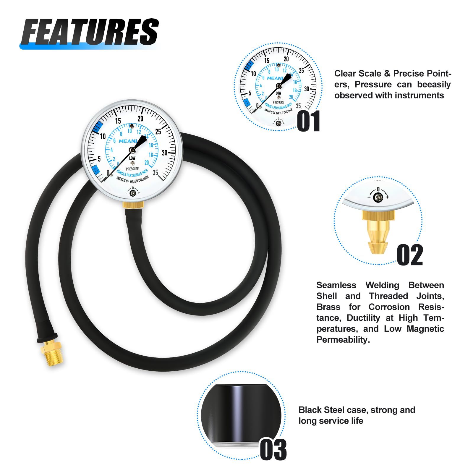 MEANLIN MEASURE Kit per test di pressione del gas collettore WC da 0 a 35 pollici, kit manometro per gas naturale o gas LP con tubo da 101,6 cm, raccordo BSP da 1/8" con connessione spinata e boccola