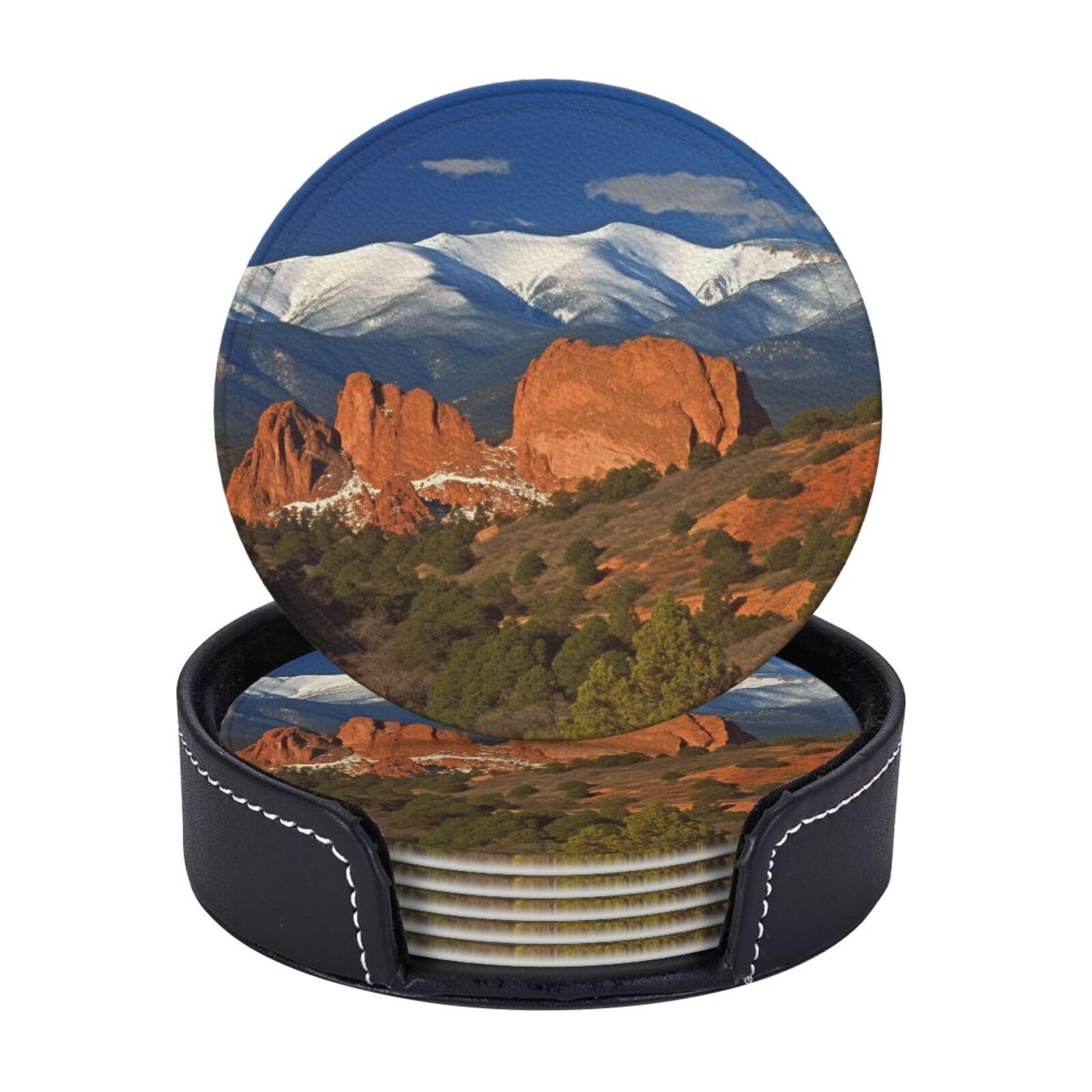 Round Coasters for Drinks Set of 6 - PU Leather Coasters with Holder - Modern Drink Coasters for Coffee Table - Pikes Peak Colorado Coaster for Tabletop Protection 4" Cup Mat Pad