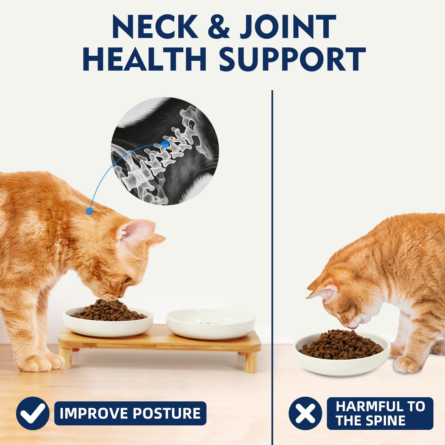 DoogCat Elevated Cat Bowls for Indoor Cats – Raised Bamboo Cat Food Table with 2 Ceramic Dishes, Adjustable Height (4.25"/3.07"), Whisker Friendly Feeding Station