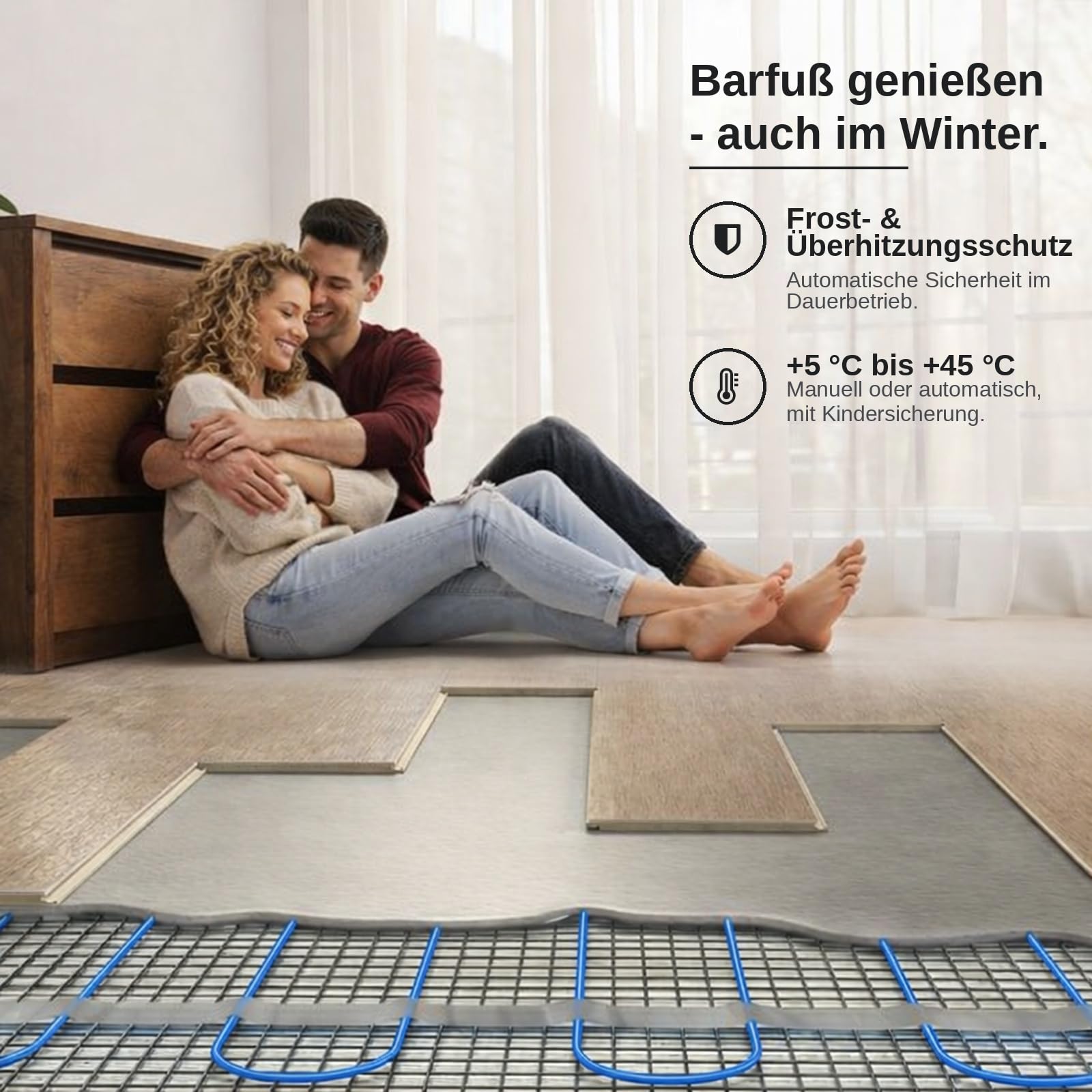elektrische Fußbodenheizung, Heizmatte mit Thermostat für Fliesen 160 W/m² | Heizkabel 3,6 mm dünn, selbstklebend, IPX7 wasserdicht, App-Steuerung, 0.5-20 m² wählbar, für Bad & Küche