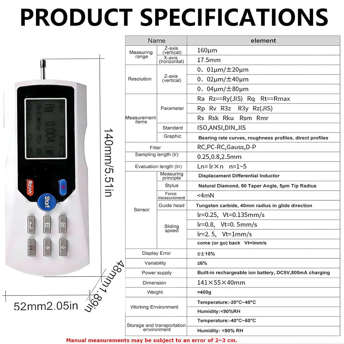 Tester di rugosità superficiale, misura portatile per ispezione di pezzi di precisione, risoluzione 0,001 μm, rilevamento versatile Ra, Rz, Rq, Rmax