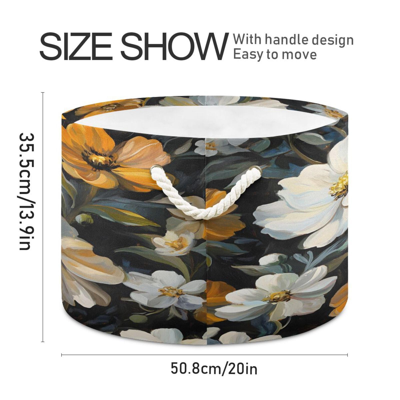 DUOBU Large Cotton Rope Basket Round Storage Basket White Flowers Laundry Hamper for Toys,Blankets,Nursery,Laundry 20x14 in