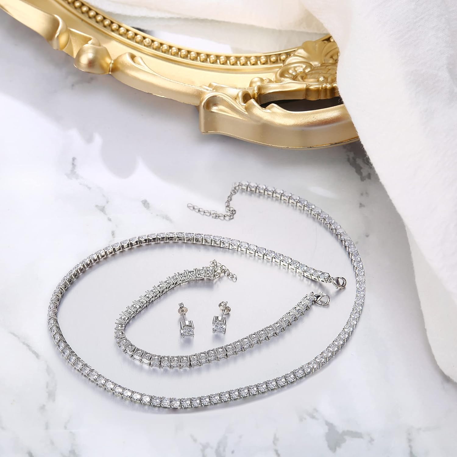 BriLove Wedding Bridal Cubic Zirconia Classic Sparkling Tennis Bracelet Necklace Earrings Jewelry Set for Women Clear Silver-Tone - Image 4