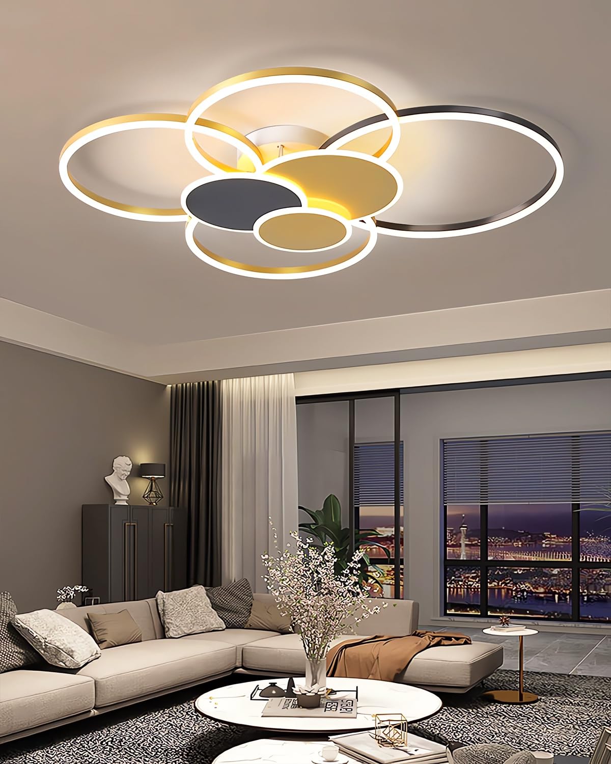 Lampadario LED dimmerabile a 7 anelli-Plafoniera moderna in metallo e acrilico con telecomando luminosità regolabile per il soggiorno la camera la sala da pranzo e l'ufficio (oro nero, 80cm)