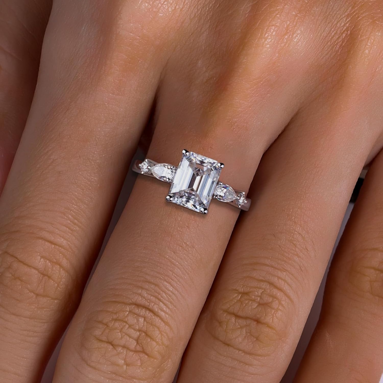 AnuClub Emerald/Radiant Cut Moissanite Engagement Rings 3CT Center Stone D Color VVS1 925 Sterling Silver Pear Cut Side Stone Wedding Promise Anniversary Ring for Women With Certificate - Image 5