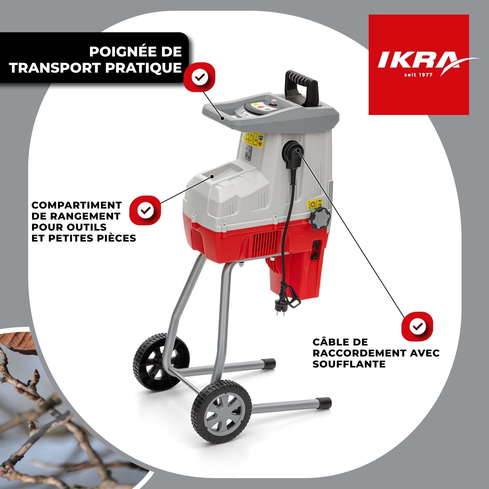 IKRA broyeur électrique à rouleaux ILH 3000S, diamètre des branches 44 mm | Silencieux, robuste, nécessitant peu d'entretien, puissant 3000 watts, alimentation automatique des branches