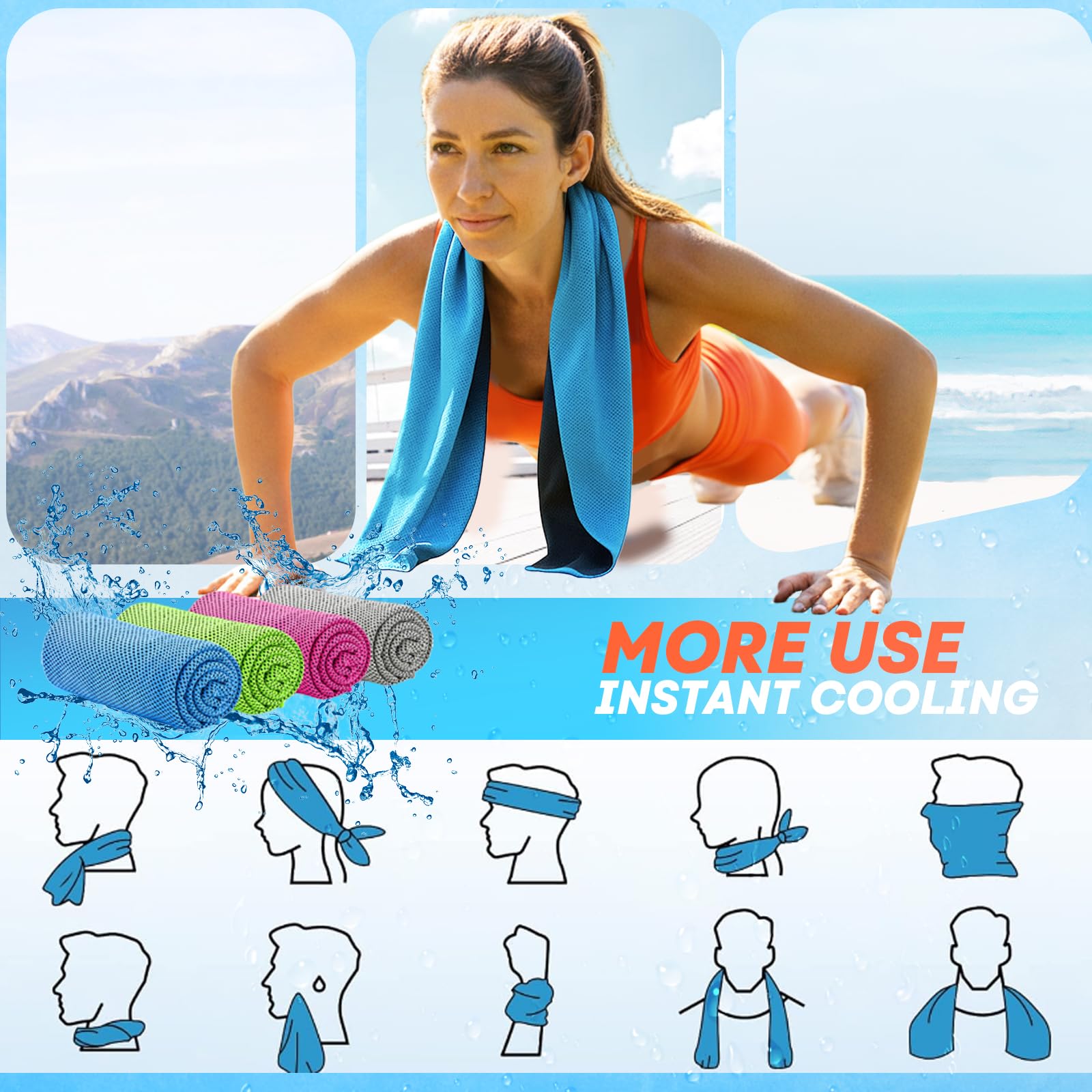 RUENVUE 4 Pack Cooling Towels (40"x 12"), Soft Breathable Gym Towels, Outdoors Ice Towel for Neck and Face, Camp Essentials Microfiber Sweat Towels for Gym, Run, Yoga, Workout, Travel, Climb image 5