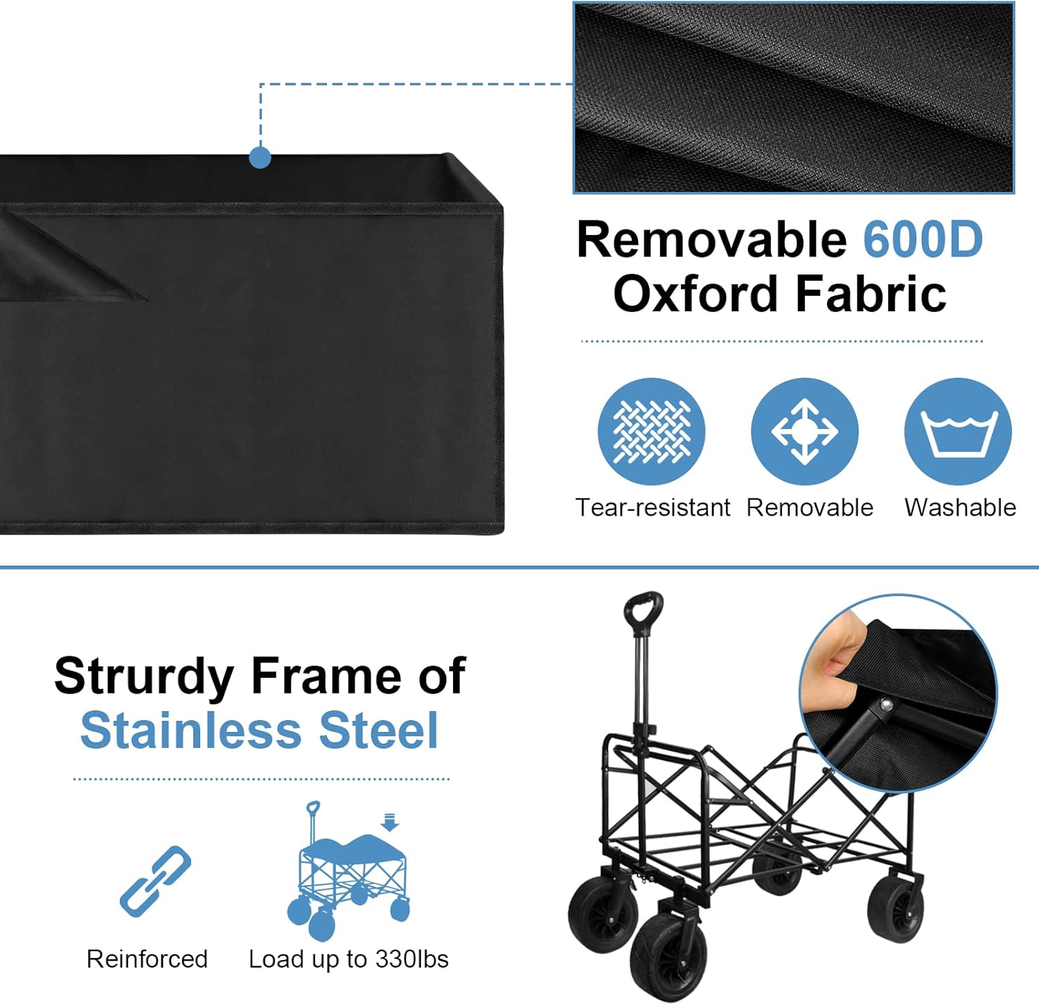 Collapsible Wagon Cart,330lbs Load Capacity Outdoor Utility Cart,Portable, Lightweight, Fold up, for Beach, Garden, Sports, Camping,Black