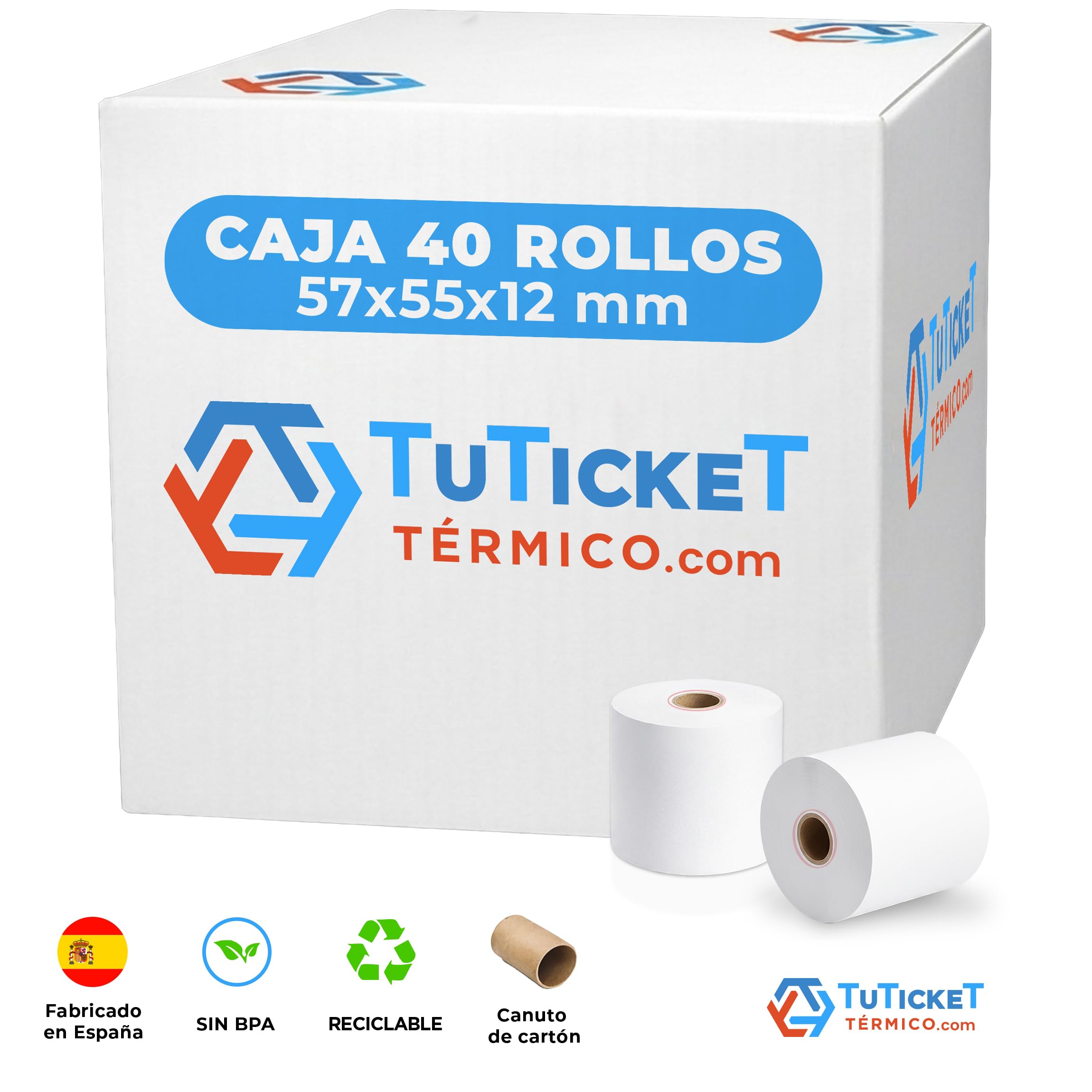 Rollo de Papel Térmico 57x55x12 mm (40 uds) para Caja Registradora, TPV e Impresora Térmica de Ticket con Salida de 57mm de Ancho. Sin Bisphenol A