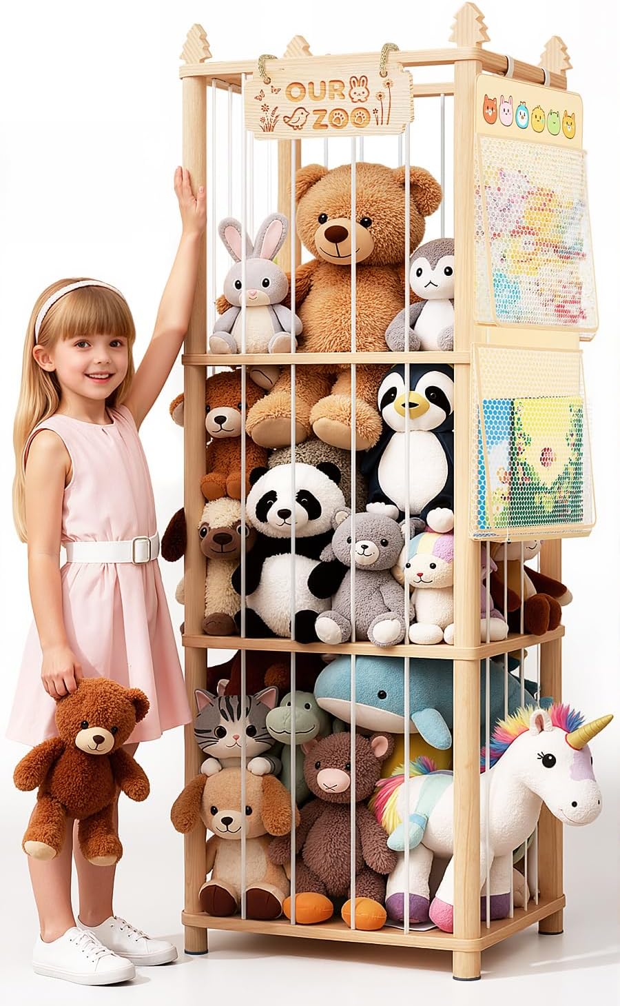 Stuffed Animal Storage - Large Wooden Toy Storage Organizer with 1 Removable Hanging Storage Net, Plush Toy Organizer for Kids' Rooms, Bedroom, Playroom or Nurseries