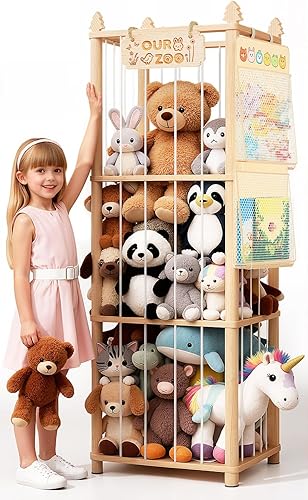 Almacenamiento de animales de peluche: organizador grande de almacenamiento de juguetes de madera con 1 red de almacenamiento extraíble para colgar,