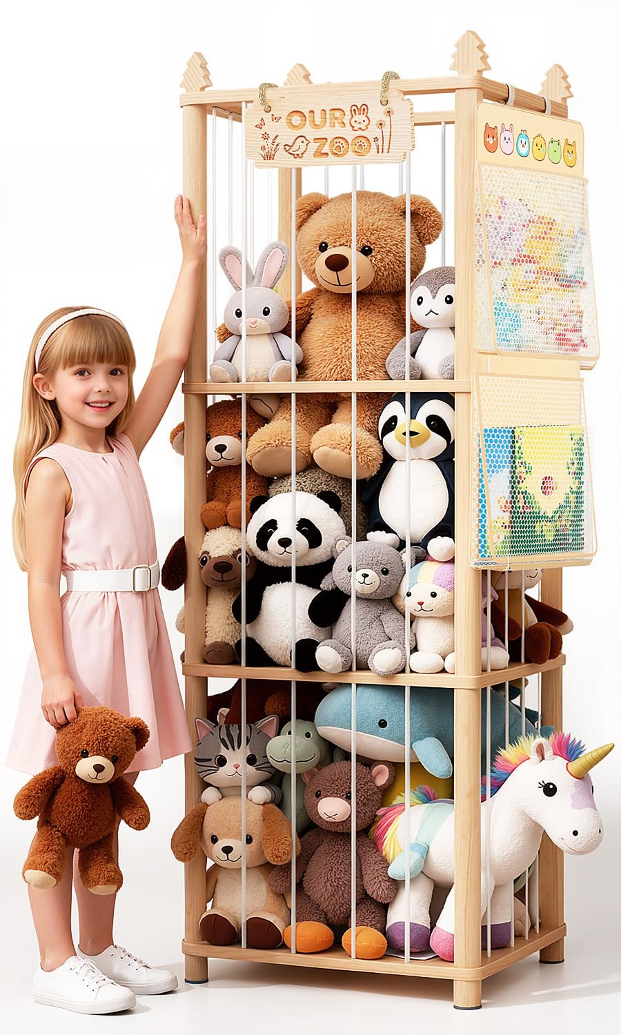 ZEQON Stuffed Animal Storage - Large Wooden Toy Storage Organizer with 1 Removable Hanging Storage Net, Plush Toy Organizer for Kids' Rooms, Bedroom,