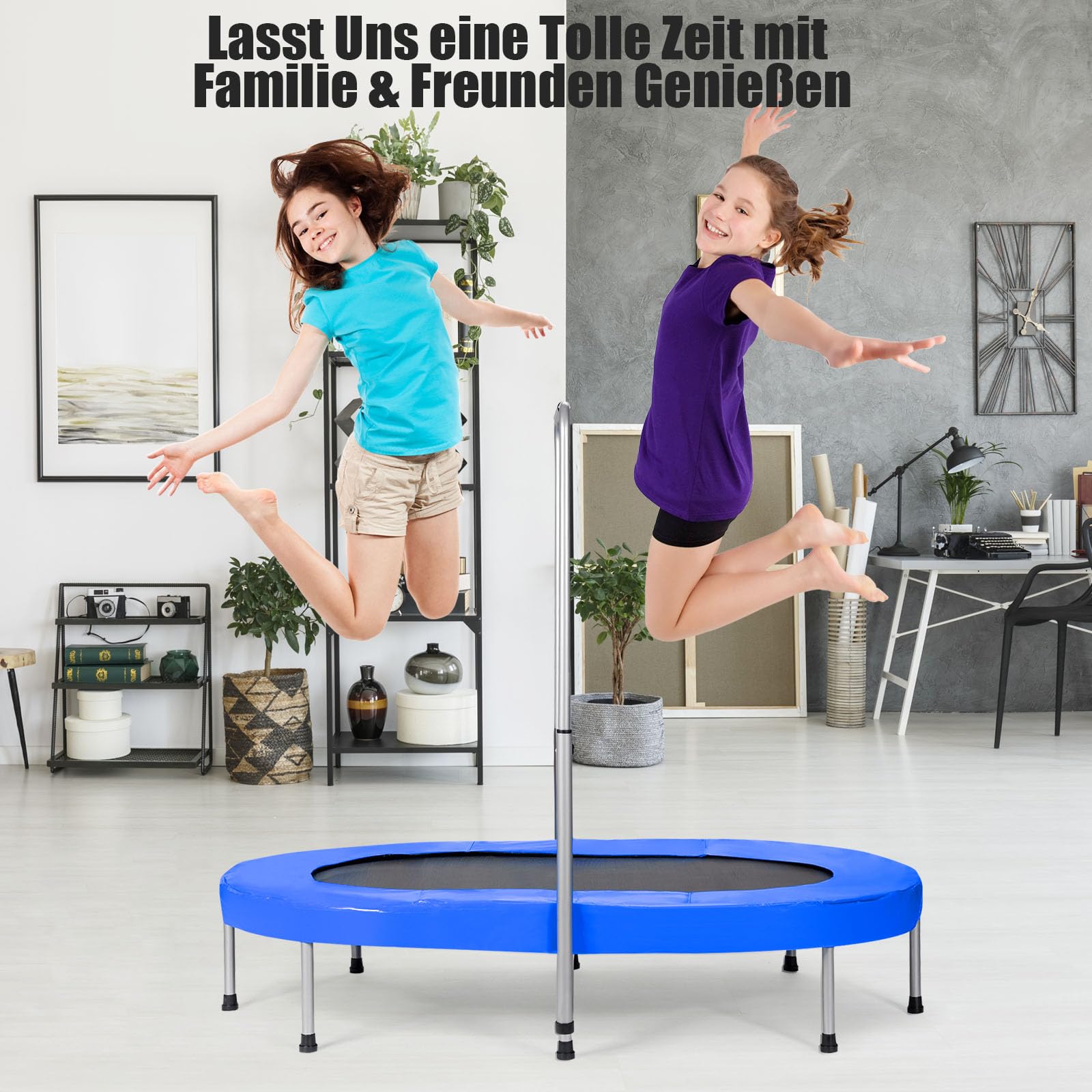 GOPLUS Trampolina dla 2 dzieci, 5-stopniowa regulacja poręczy, składana trampolina dziecięca do użytku wewnątrz i na zewnątrz, trampolina fitness dla dzieci/dorosłych, obciążenie do 150 kg