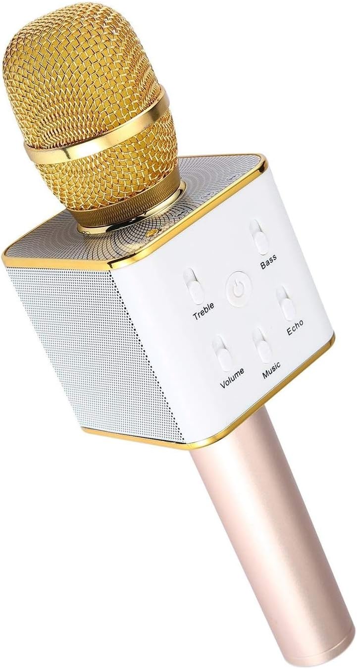 JTD Q7 Wireless Karaoke Bluetooth Microphone Stereo Speaker Handheld Portable KTV Player Teaching Class Speaker for iOS Android Smart-Phones PC Bluetooth Device (Gold)