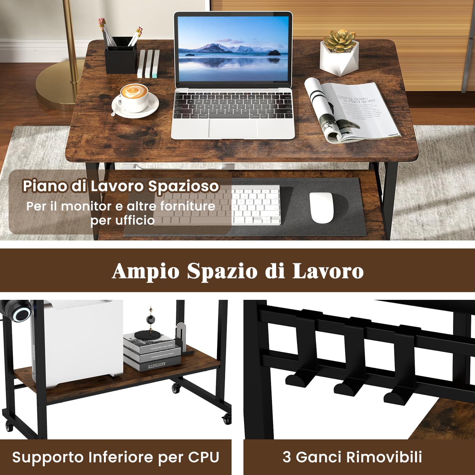 GYMAX Scrivania in Metallo e Legno, Tavolo da Lavoro con Vassoio per Tastiera, 3 Ganci e Ripiano Inferiore Aperto, 4 Ruote Universali Silenziose, 80 x 50 x 78 cm, Marrone Industriale