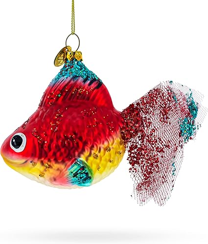 Miniatura 2 de Adorno navideño de cristal soplado con pez dorado con purpurina