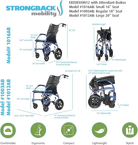 Miniatura 2 de Strongback Mobility Excursion Silla de ruedas plegable y ligera, soporte lumbar ajustable integrado, promueve una columna vertebral saludable, 12S+AB