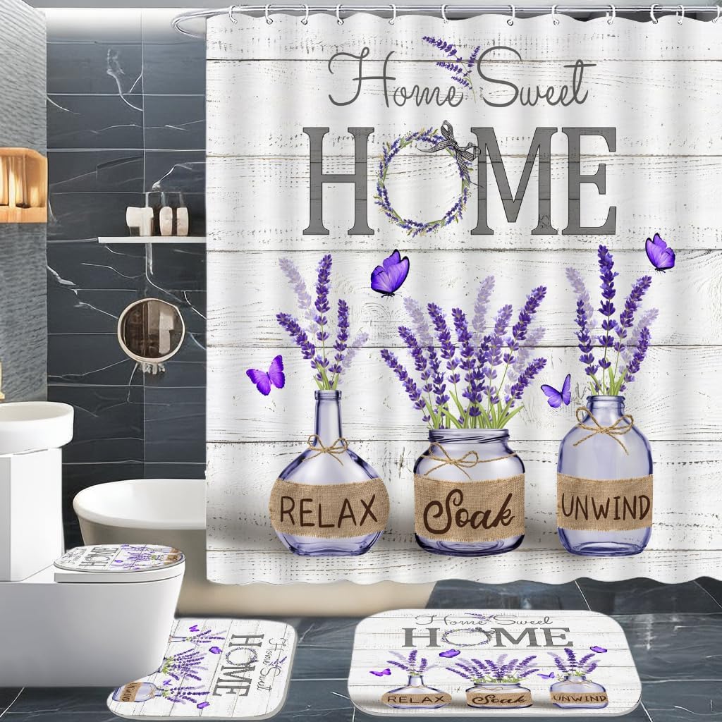 ALEXEX 4 PCS Purple Lavender Shower Curtain Sets,Home Sweet Bathroom Set with Shower Curtain and Rugs and Accessories,Farmhouse Country Shower Curtain Bathroom Decor with 12 Hooks,72 X 72 Inches
