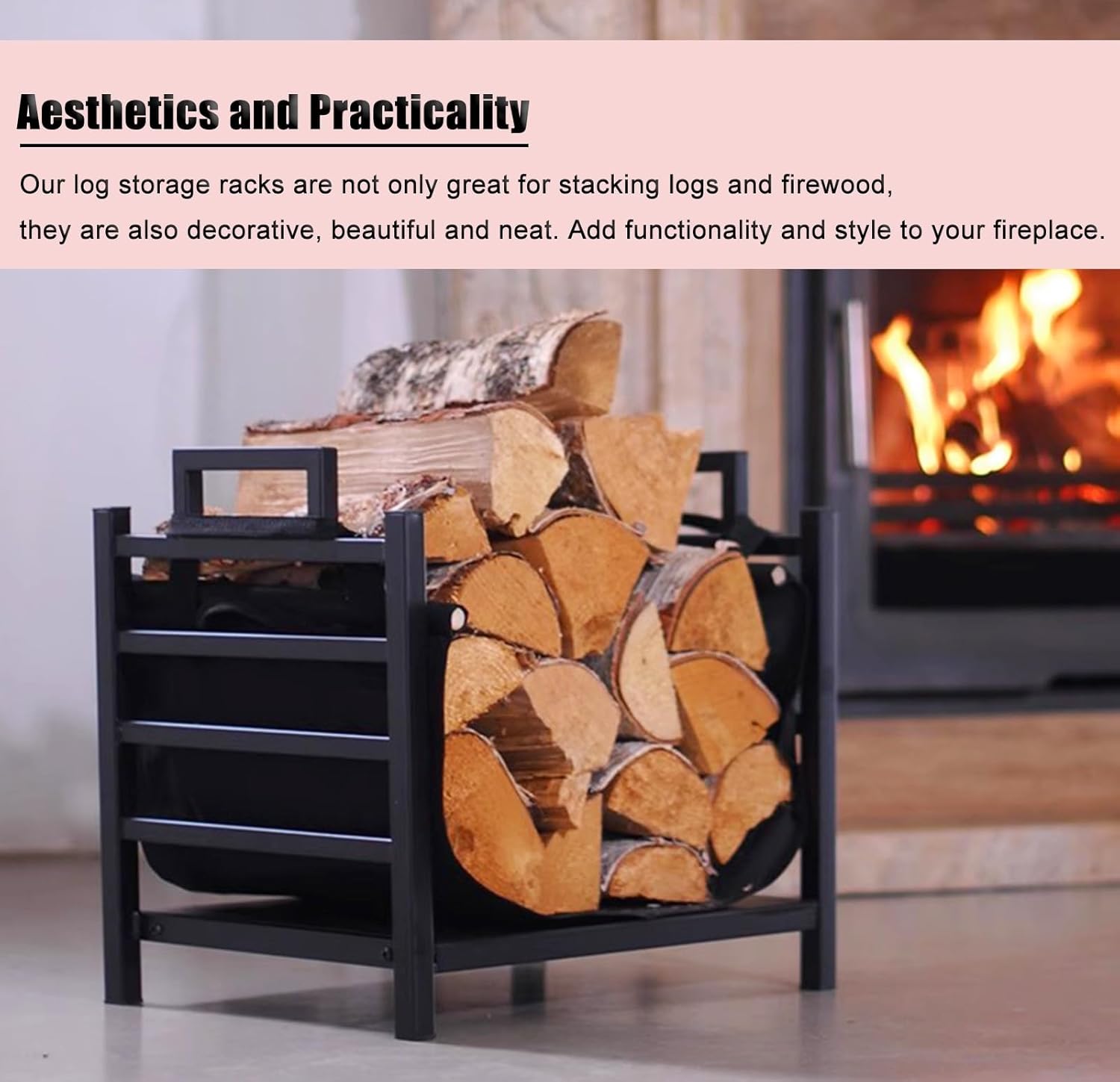 Log Holder Firewood Rack with Canvas Carrier Bag & Handles, Portable Removable Small Log Carrying Bag, 18 Inch Steel Firewood Holder Fireplace Storage Brackets