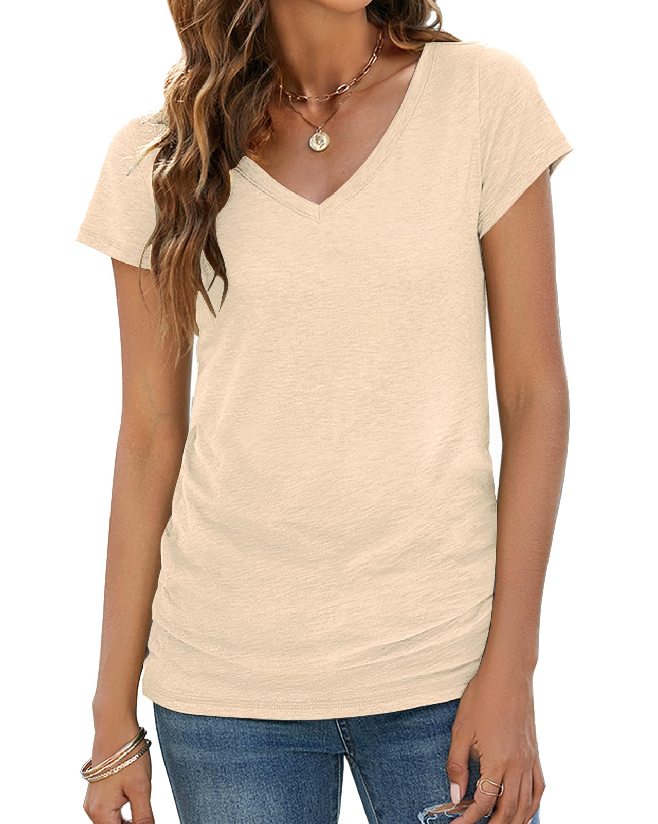 Sherosa Womens T Shirts V Neck Short/Long Sleeve Casual Tops Soft Solid Basic Tee