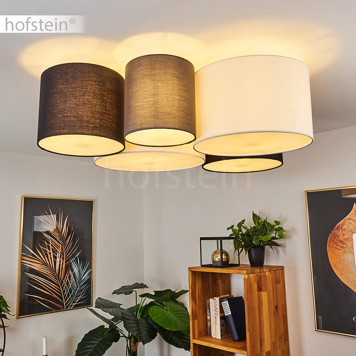 HOFSTEIN Deckenleuchte Trisett, Deckenlampe aus Metall/Kunststoff/Stoff in Schwarz/Weiß/Grau, moderne Leuchte mit Stoffschirmen, Lichteffekt, 5 x E27, Wohnzimmer, Esszimmer, Schlafzimmer, Küche