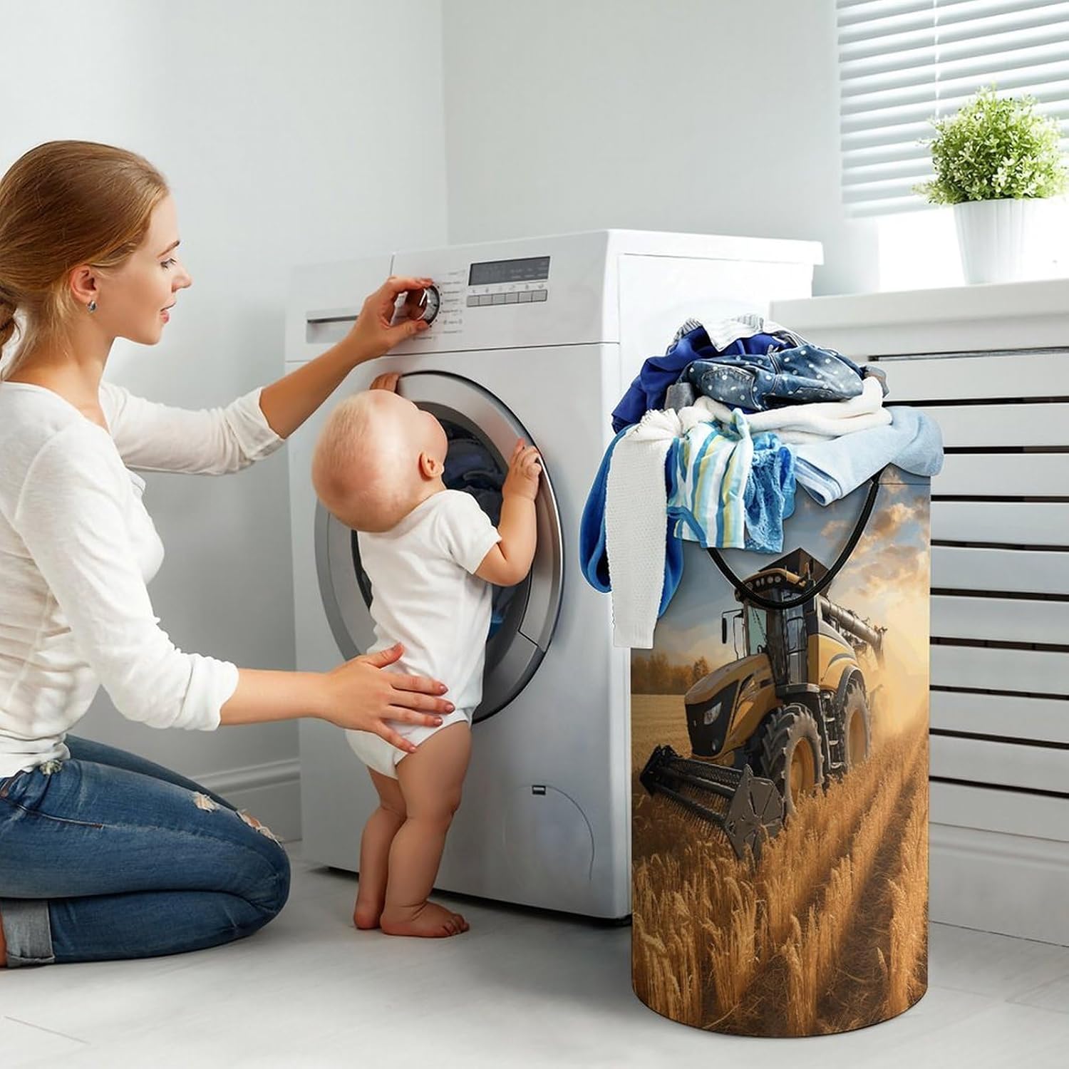 Farm Tractor Harvest Laundry Basket Large Foldable Laundry Hamper with Handles Freestanding Collapsible Clothes Basket Waterproof Portable Dirty Clothes Hamper for Bathroom 86L