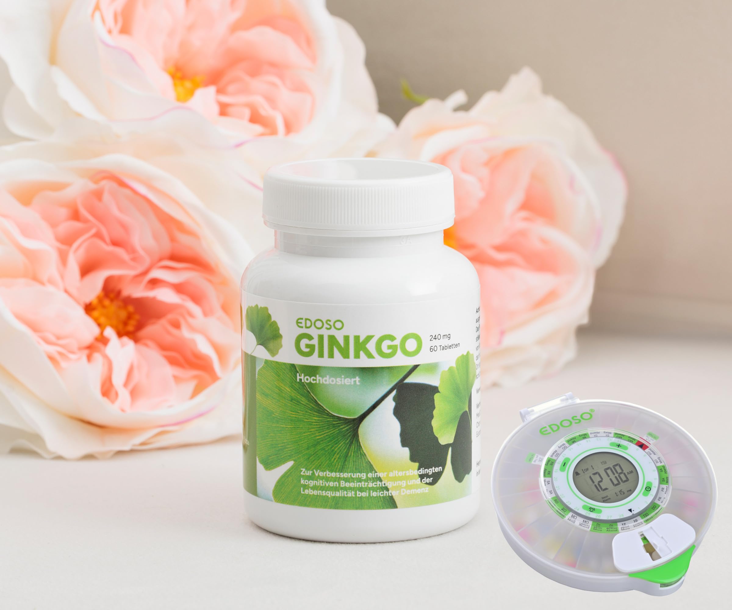 Ginkgo 240 mg | Ginkgo Hochdosiert EDOSO | 60 Tabletten | 50:1 pflanzliches Extrakt Konzentrat | Bei Vergesslichkeit im Alter oder leichter Demenz