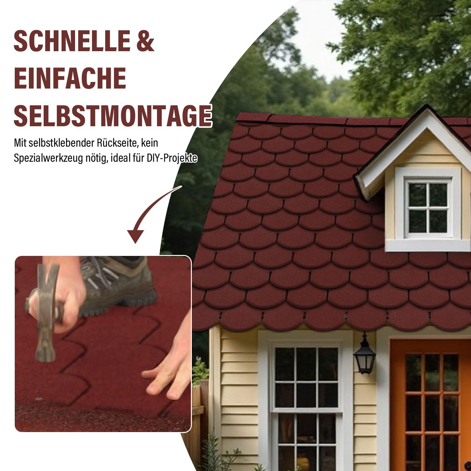 Bitumen Dachschindeln, 3 m², 21 Stück Dachschindeln für Gartenhaus und Carport, Bitumen (Rot, Fischschuppenmuster)