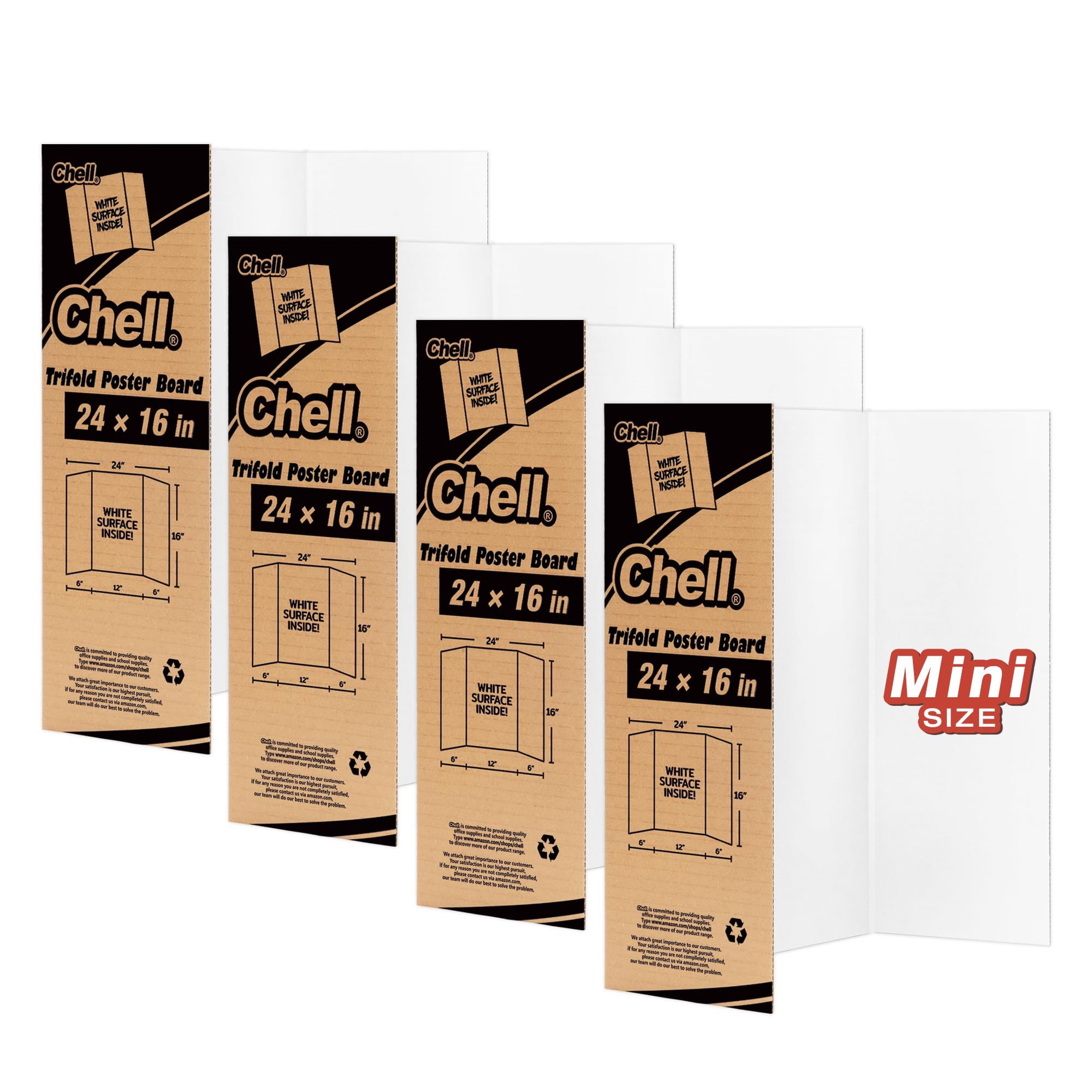 Chell Mini Size Trifold Poster Board, 16" x 24", Small Corrugated Project Boards, White, 4 Pack