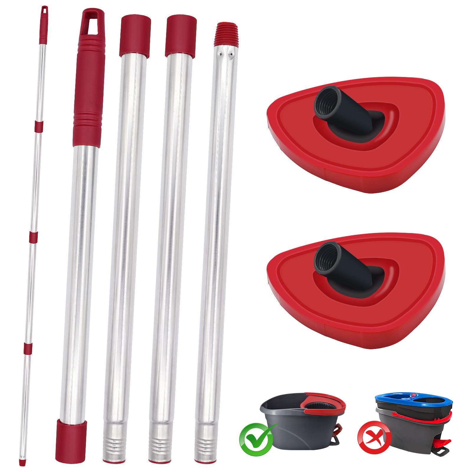DLAIMI 2 Red Rotating Mop Head Base with Mop Handle for Vileda Turbo Spin 2 in 1, Adjustable Freshener Replacement Stick 30-58 ", Lightweight and Durable