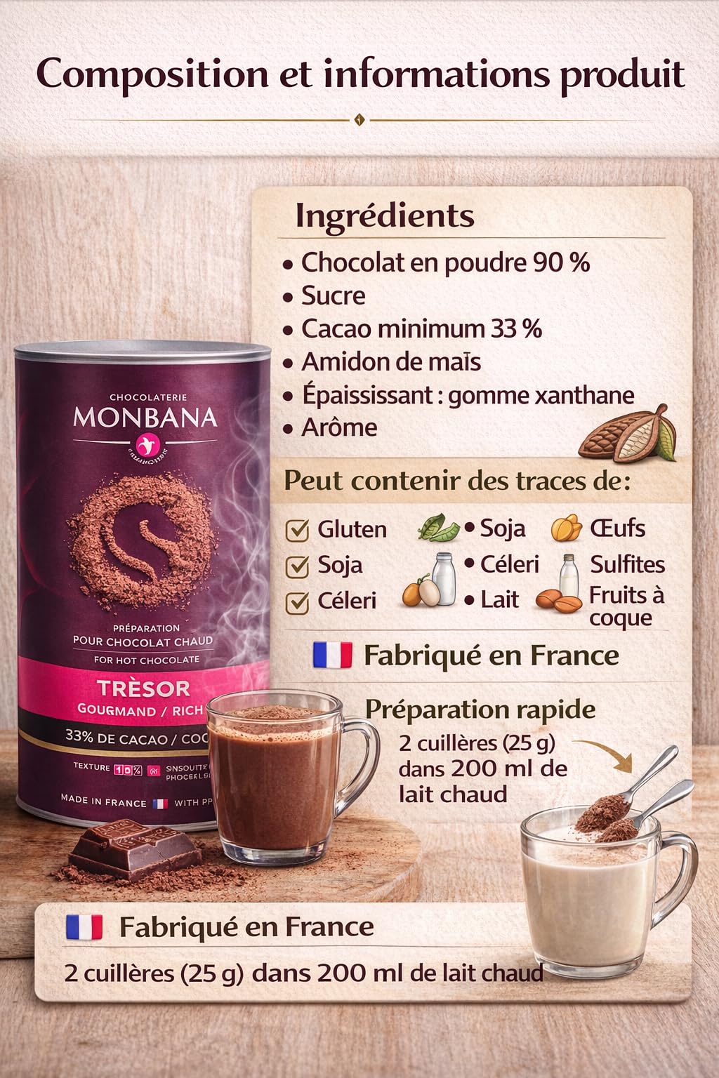 Chocolat en poudre MONBANA, 1 kg Trésor de monbana, préparation pour chocolat gourmand, chocolat chaud