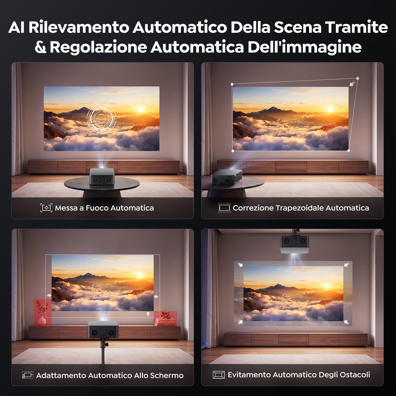 Proiettore 4K Messa a fuoco Automatica e Rilevamento Ostacoli AI Videoproiettore Intelligente Adatto per Home Theater e Utilizzo All'aperto