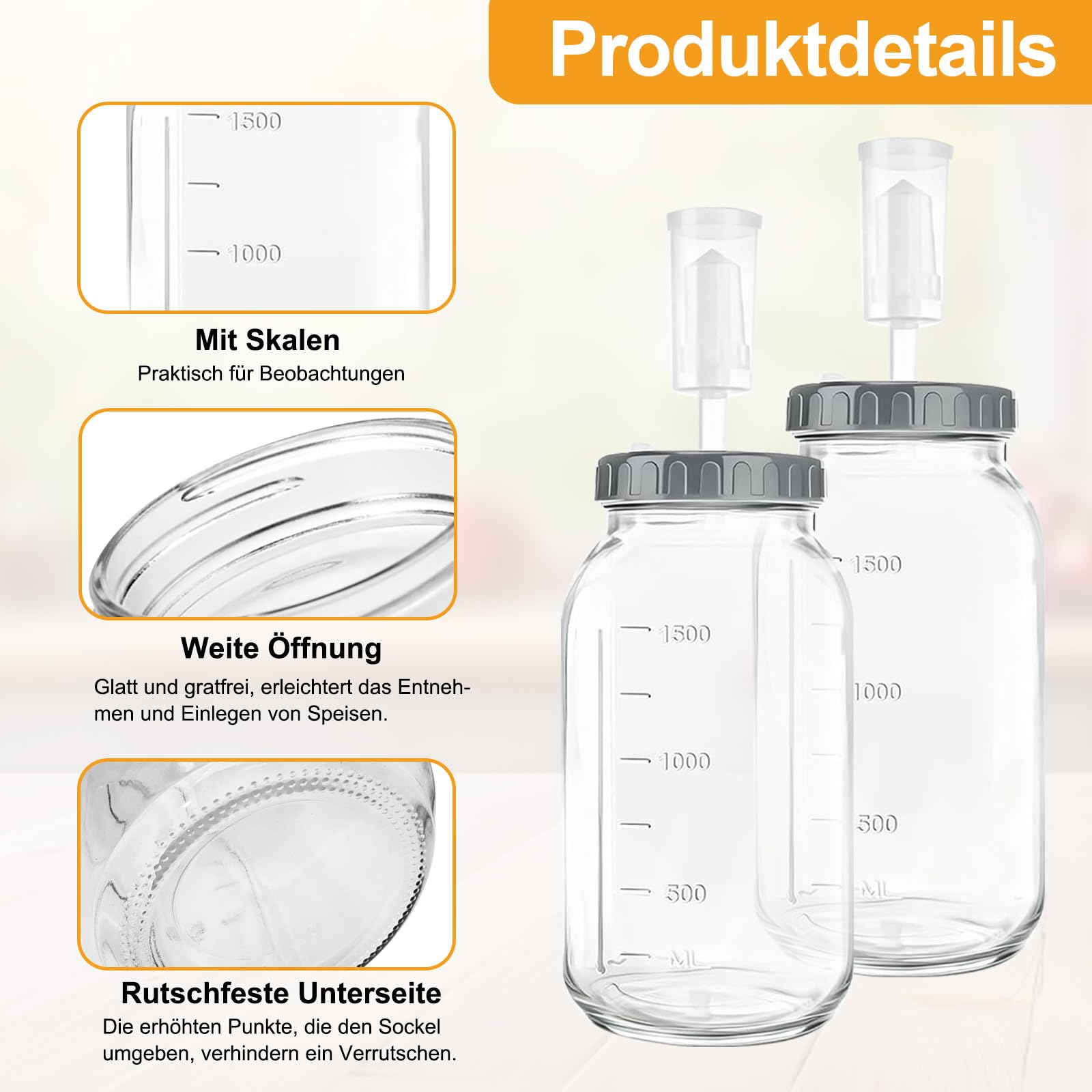 Fermentierglas 2 Stück 2L, 64oz Kimchi Behälter mit Luftschleuse und Gewicht, Breiter Mund Fermentiergläser mit Holzstößel, Kefir Glas mit Deckel, für Pickles, Sauerkraut, Sauerteig Starter