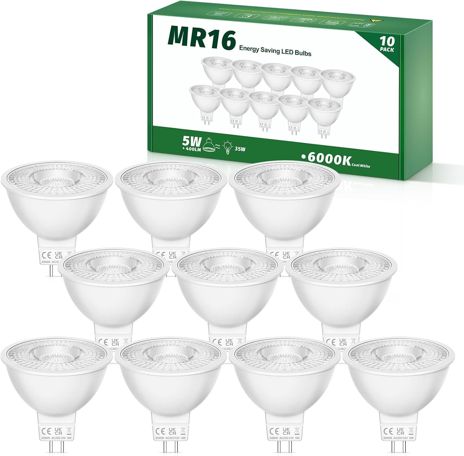 Tailcas MR16 Led Lampe 12V, 5W GU5.3 LED Kaltweiss Leuchtmittel 6000K, Äquivalent 35W Halogen, 400Lm Glühbirne, 38° Abstrahlwinkel Spot, Nicht Dimmbar Flimmerfrei, 10er