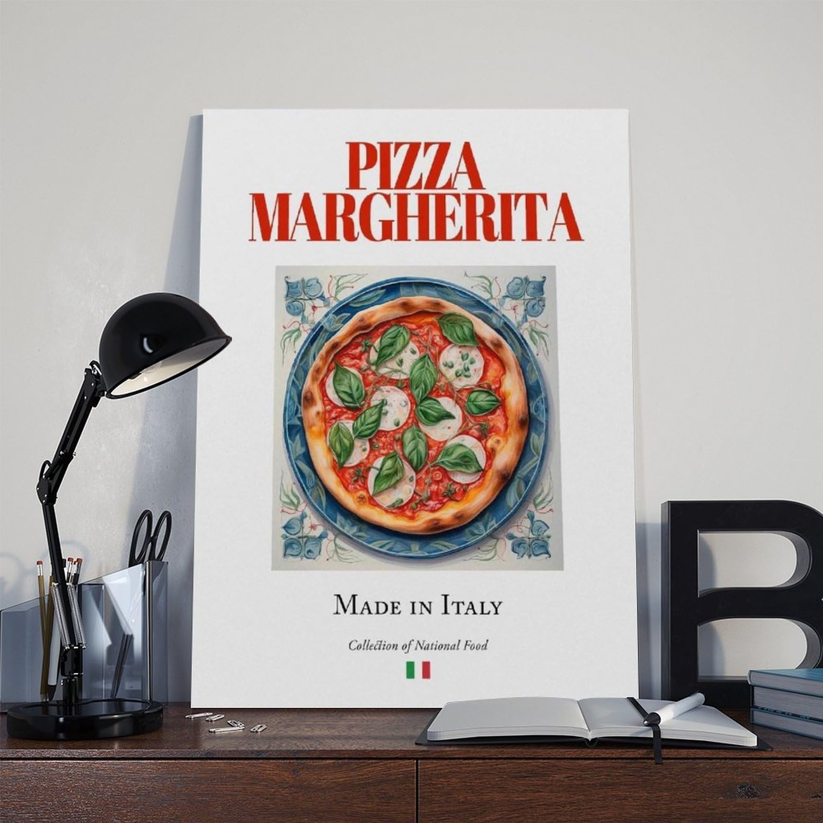 Pizza Margherita auf Maiolica Fliesenteller, Leinwand, Poster, Schlafzimmer, Dekoration, Landschaft, Büro, Raumdekoration, Geschenk, 61 x 91,4 cm (L x B)