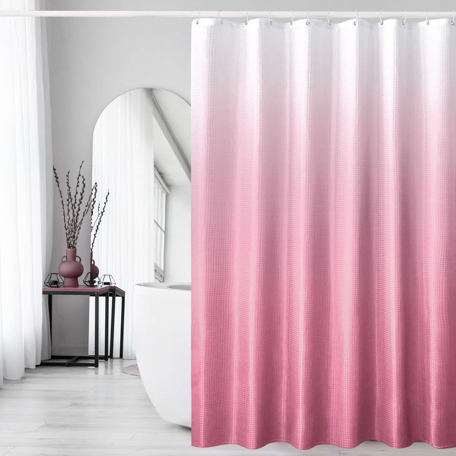 Gibelle Long Shower Curtain 72 x 78, Tall Pink Ombre Shower Curtain for Bathroom, Waffle Weave Fabric Shower Curtain Set with Hooks, Water Repellent, Machine Washable