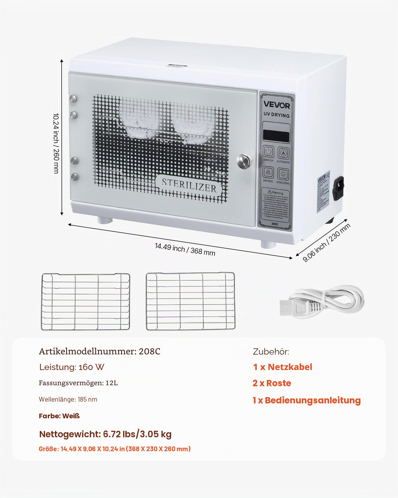 VEVOR UV Sterilisator Nagelwerkzeug-Reinigungsmaschine (12 L / 160 W) multifunktionale Nagelreiniger Sterilisator mit Timer-Einstellung, Reinigungskabinett mit Tür aus gehärtetem Glas, für Labore