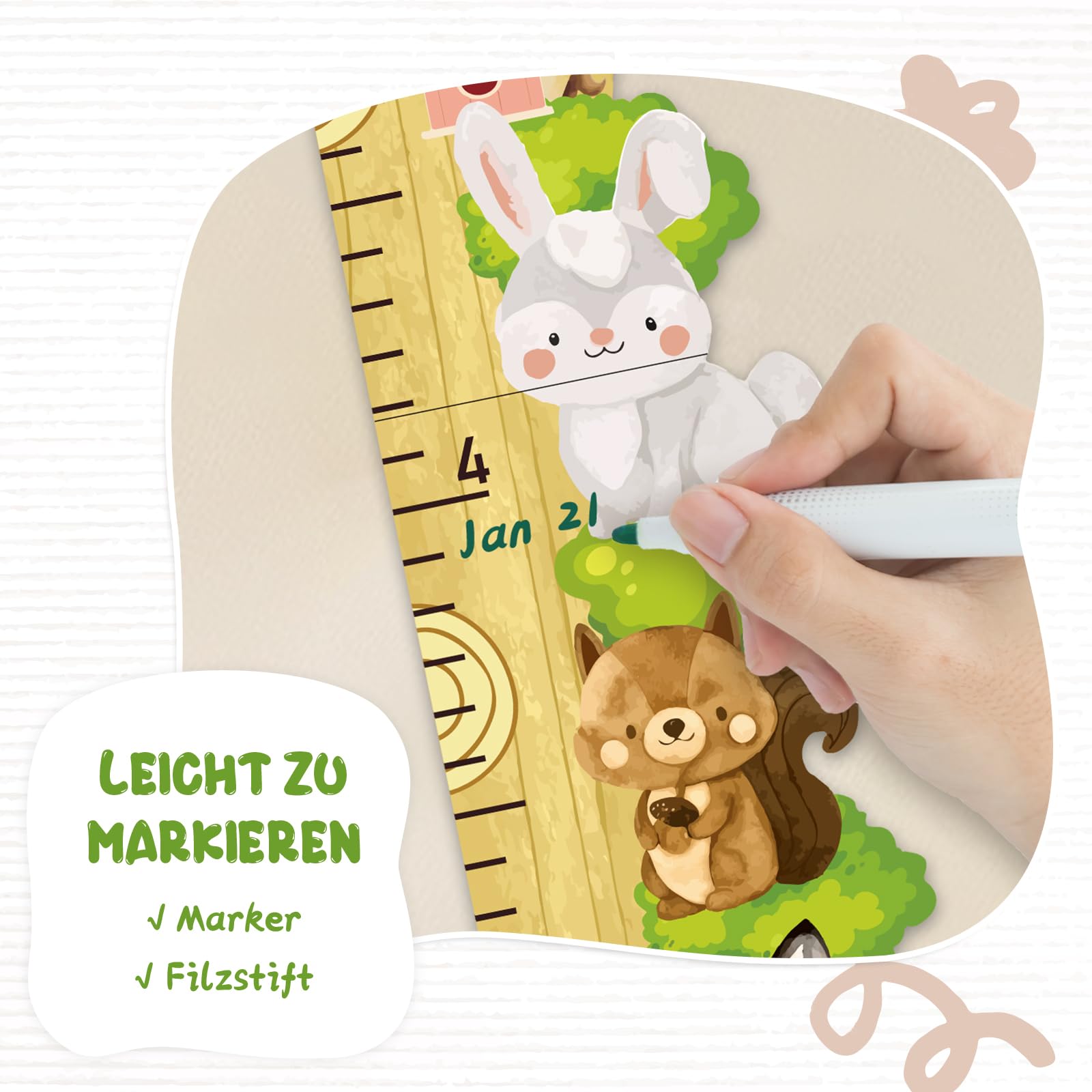 Personalisiert Messlatte Kinder Holz für Baby- & Kleinkinderzimmer mit Namen, Abnehmbares Messlineal für Baby-Messlatte für Schlafzimmer, Wanddekoration (Waldtiere)