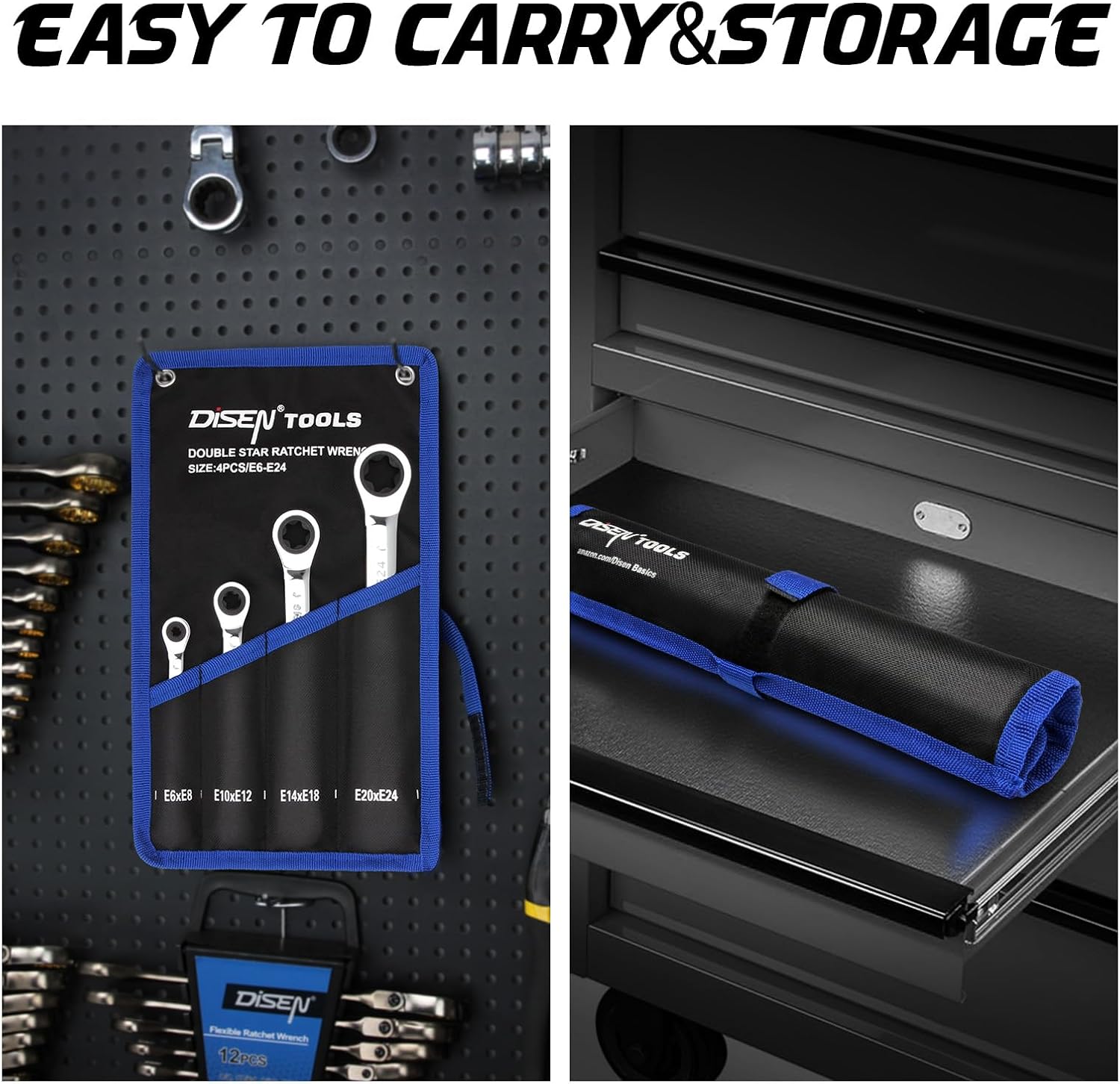 DISEN Upgraded 4-Piece E-Torx Double Box Ratcheting Wrench Set, 72-Tooth, Dual Head E6E8/E10E12/E14E18/E20E24 with Storage Pouch